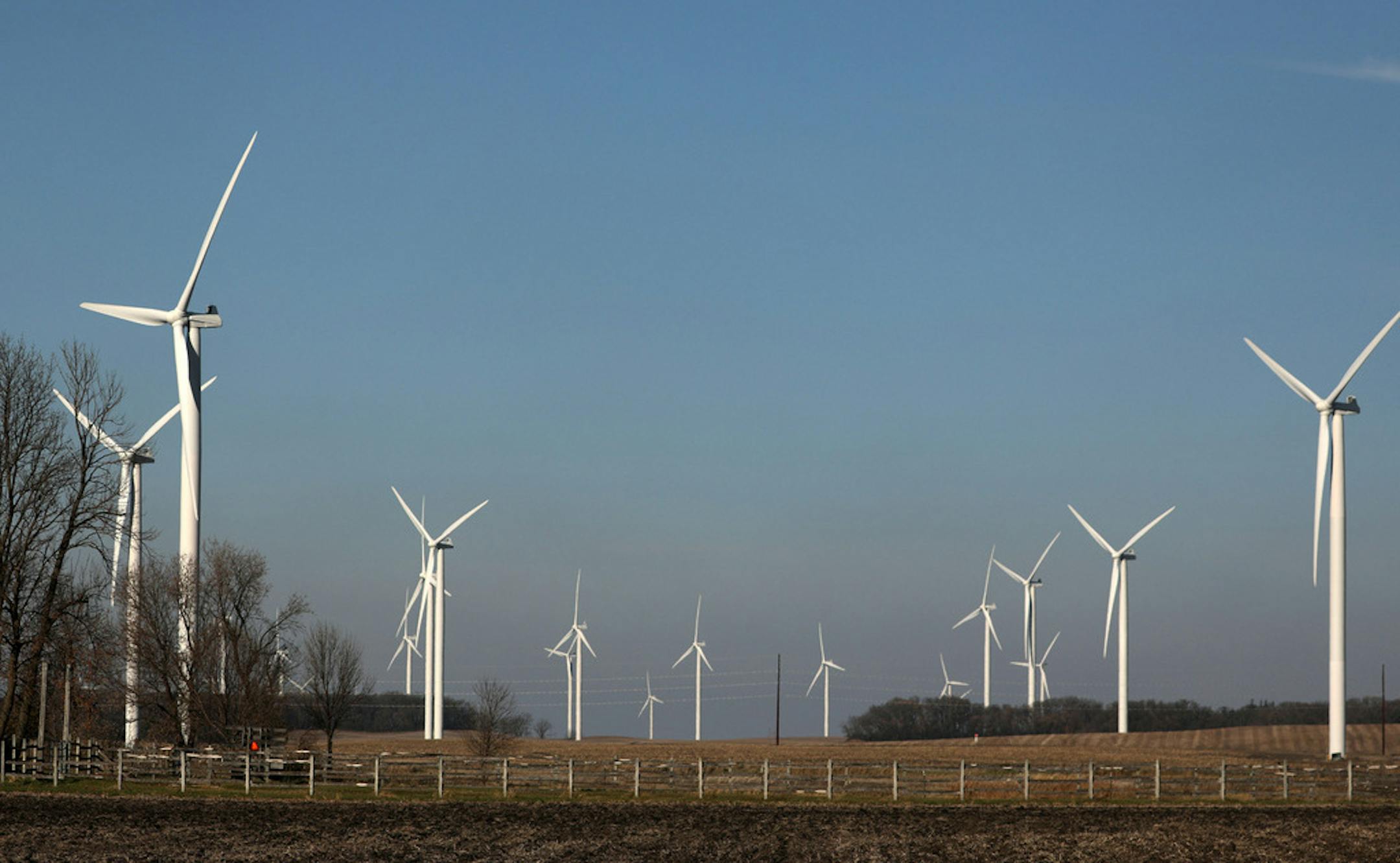 Windmills fill the landscape near Alden, Minn. Scenes like this have caused residents south of the area such as Dorenne Hansen to become more vocal in their opposition to the proposed project. ] ANTHONY SOUFFLE • anthony.souffle@startribune.com Dorenne Hansen, the head of a property owners association fighting a proposed wind farm, spoke during an interview and gave a tour of her property Wednesday, Nov. 8, 2017 in Glenville, Minn. Hansen is concerned for the noise, shadows, and the obstruction