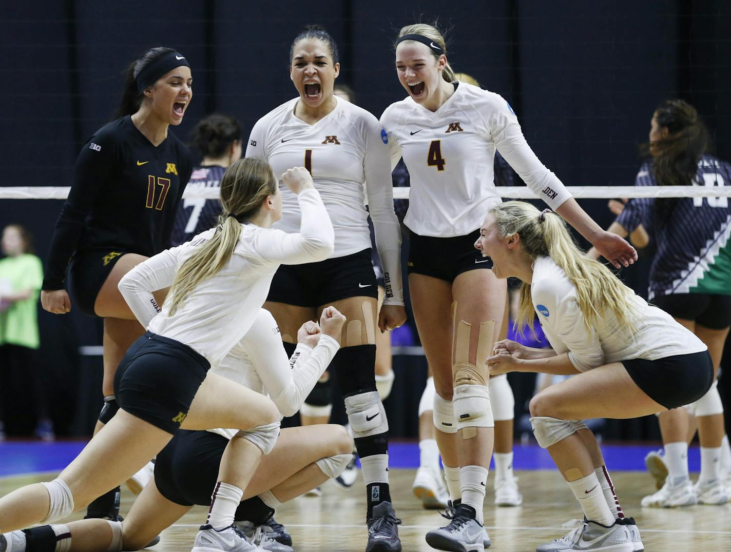 Members of the Minnesota team celebrate as they clinch the win over Hawaii Saturday, Dec. 12, 2015, during the NCAA Division I Women's Volleyball Championship in Des Moines. (The Des Moines Register, Michael Zamora/The Des Moines Register via AP)