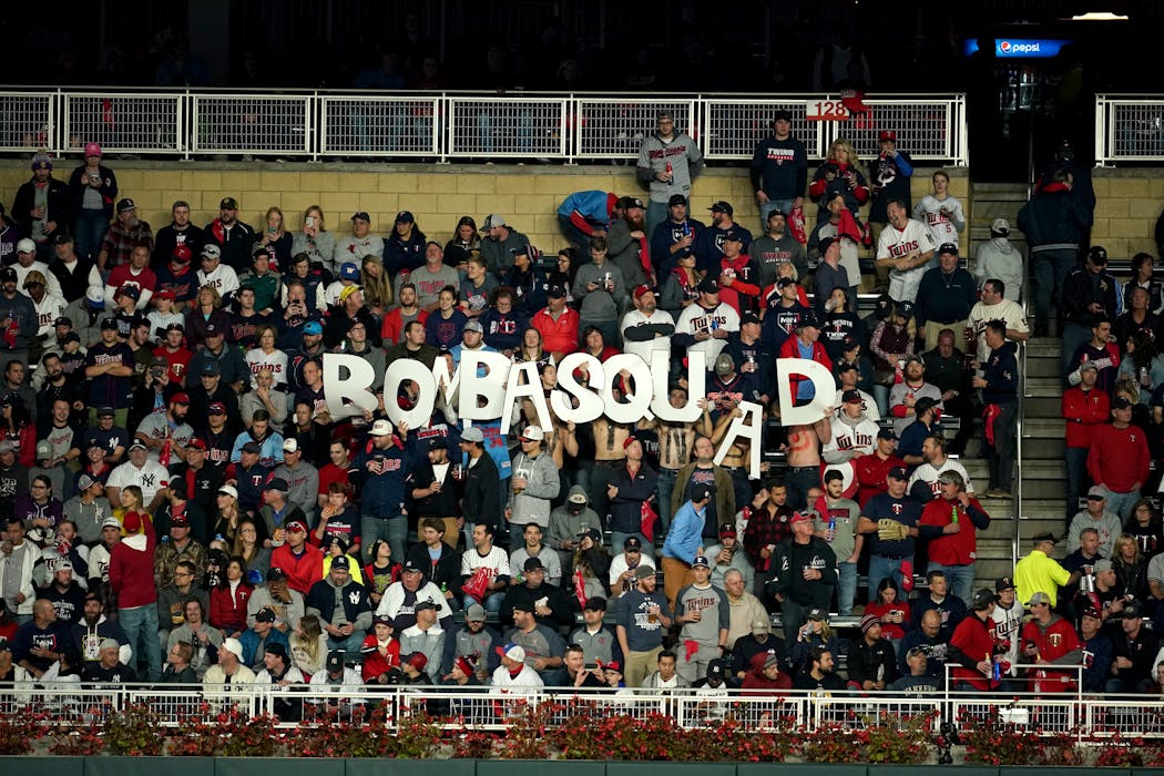 Twins fans held up a “Bomba Squad” sign during Game 3 of the 2019 ALDS against the Yankees — the last time fans were allowed to attend a game at Target Field.