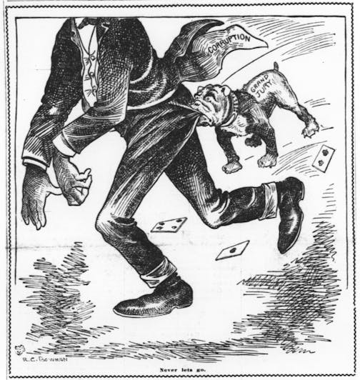 A Minneapolis Tribune cartoon from June 28, 1902, near the end of the political career of Minneapolis mayor A.A. "Doc" Ames, illustrates the grand jury's attitude toward corruption.