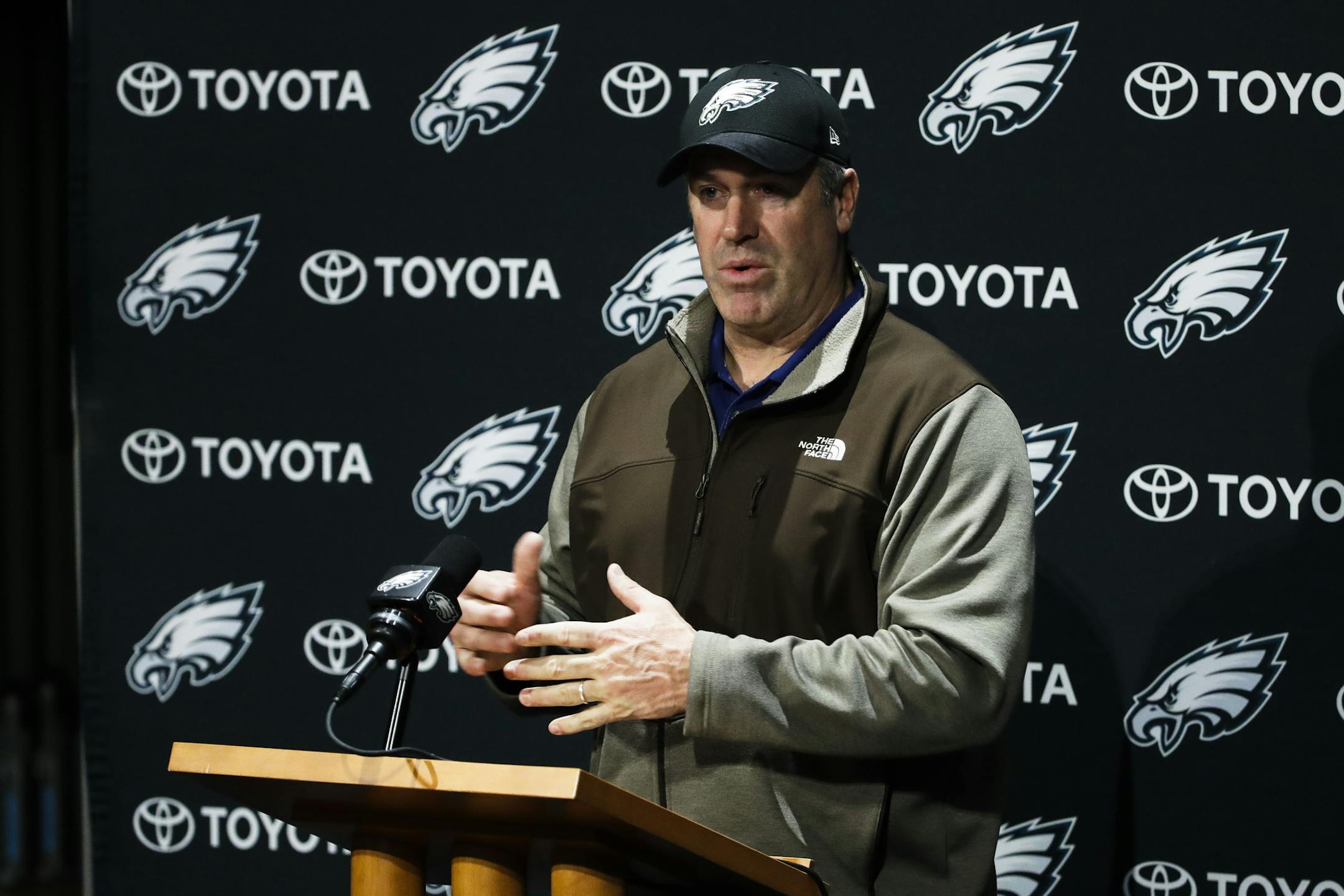 Philadelphia Eagles head coach Doug Pederson speaks with members of the media during a news conference at the team's NFL football training facility in Philadelphia, Monday, Jan. 22, 2018. The Eagles defeated the Minnesota Vikings 38-7 in the AFC Championship on Sunday to advance to the Super Bowl against the New England Patriots.(AP Photo/Matt Rourke)