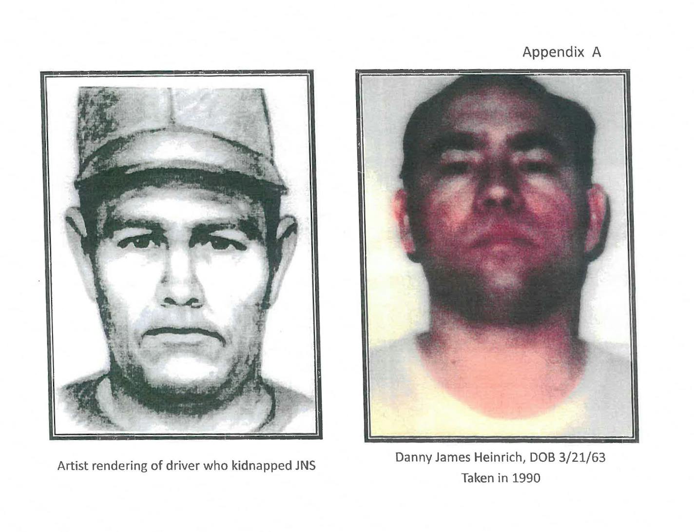 In 1989, the artist rendering on the left was used to seek a suspect in the disappearance of Jacob Wetterling, and in the assault of another boy. Police released it again today in conjunction with the charges against Daniel James Heinrich, 52, of Stearns County. He is pictured in 1990 in the photo above right.