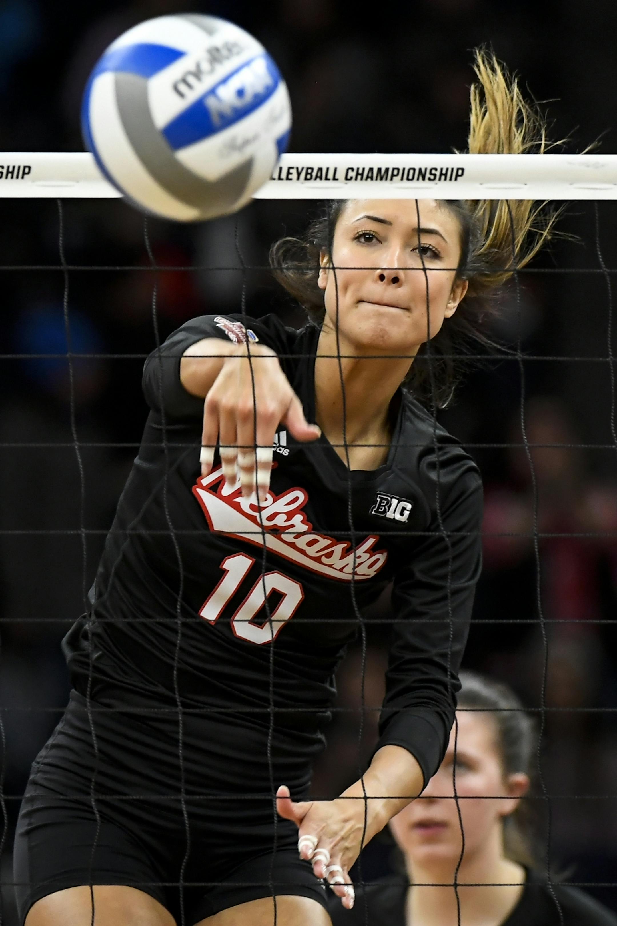 Nebraska outside hitter Lexi Sun (10) warmed up before Saturday night's championship match against Stanford.