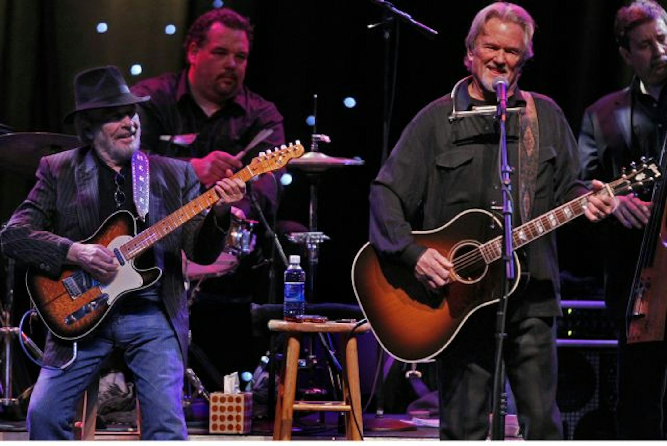 Legends Merle Haggard, left, and Kris Kristofferson came together Sunday at Mystic Lake in a rare duo performance. Among Haggard's biggest hits are "Okie from Muskogee" and "The Fightin' Side of Me." Kristofferson is famed for his song-writing skills.