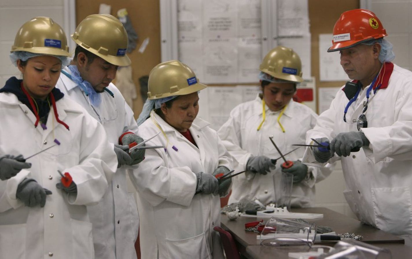 ELIZABETH FLORES � eflores@startribune.com Carlos Hernandez, far right, the trim floor trainer at Swift & Company, trains new employees on how to use the knives during the second shift at the Worthington, Minnesota meat processing plant, Wednesday, January 25, 2006. The new employees go through about two weeks of training before applying their new skills on the job.