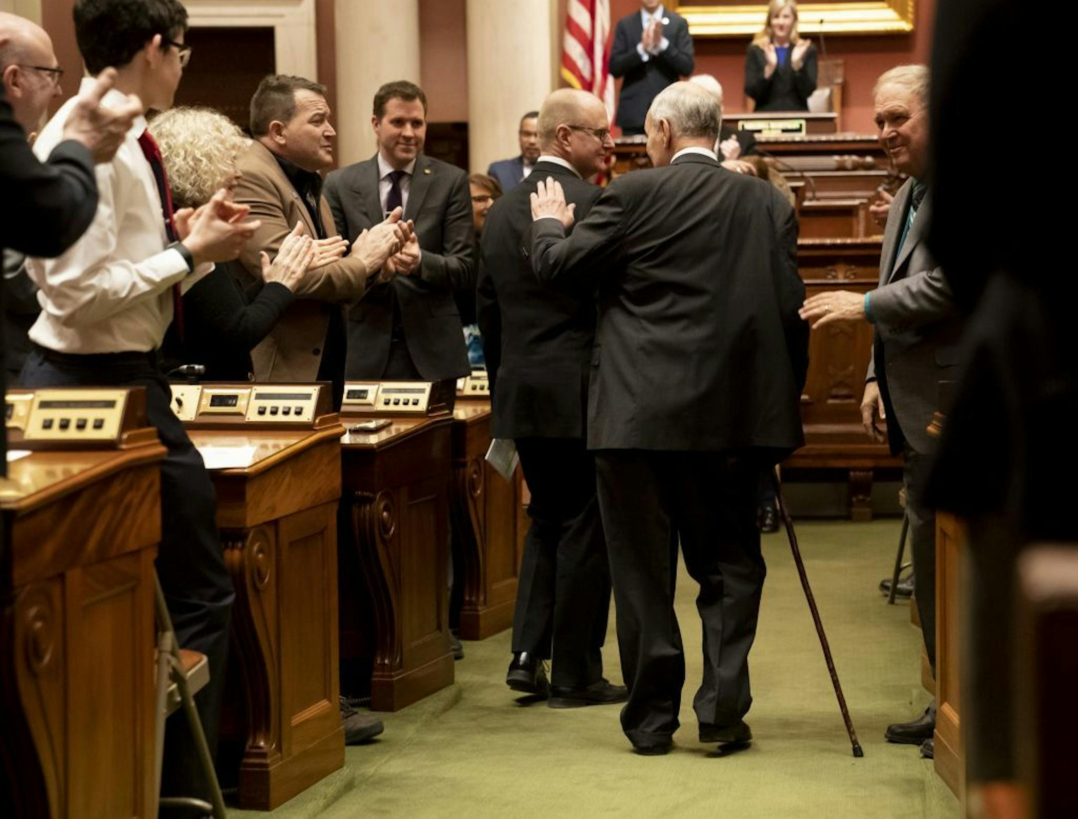 Former Governor Mark Dayton arrived for the State of the State Address at the State Capitol in St. Paul, Minn., on Wednesday, April 3, 2019.