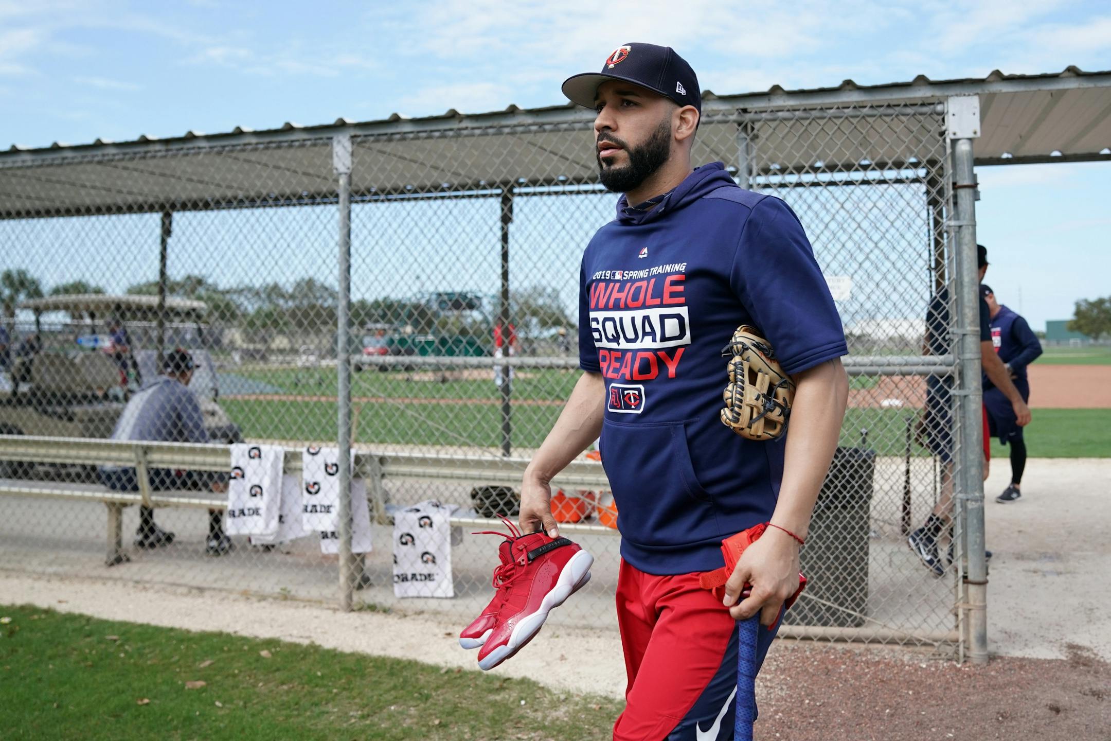 Newly acquired Minnesota Twins utility player Marwin Gonzalez (9) joined his teammates on the practice field for workouts Monday morning.