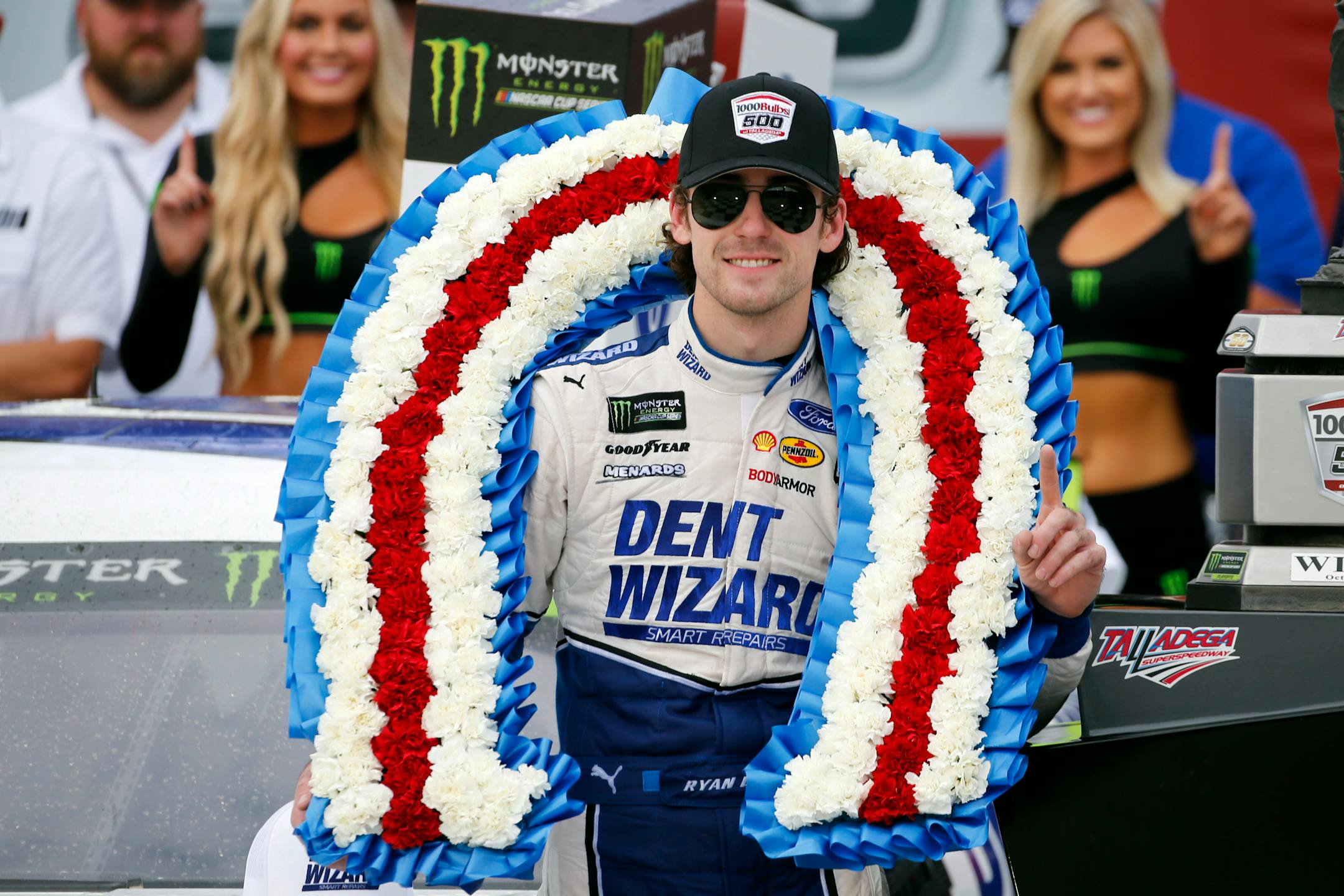Ryan Blaney celebrated in Victory Lane after winning a NASCAR Cup Series race at Talladega Superspeedway on Monday.