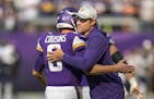 Vikings quarterback Kirk Cousins and coach Kevin O’Connell shared a moment after beating the Bears on their way to a 13-4 record last season.