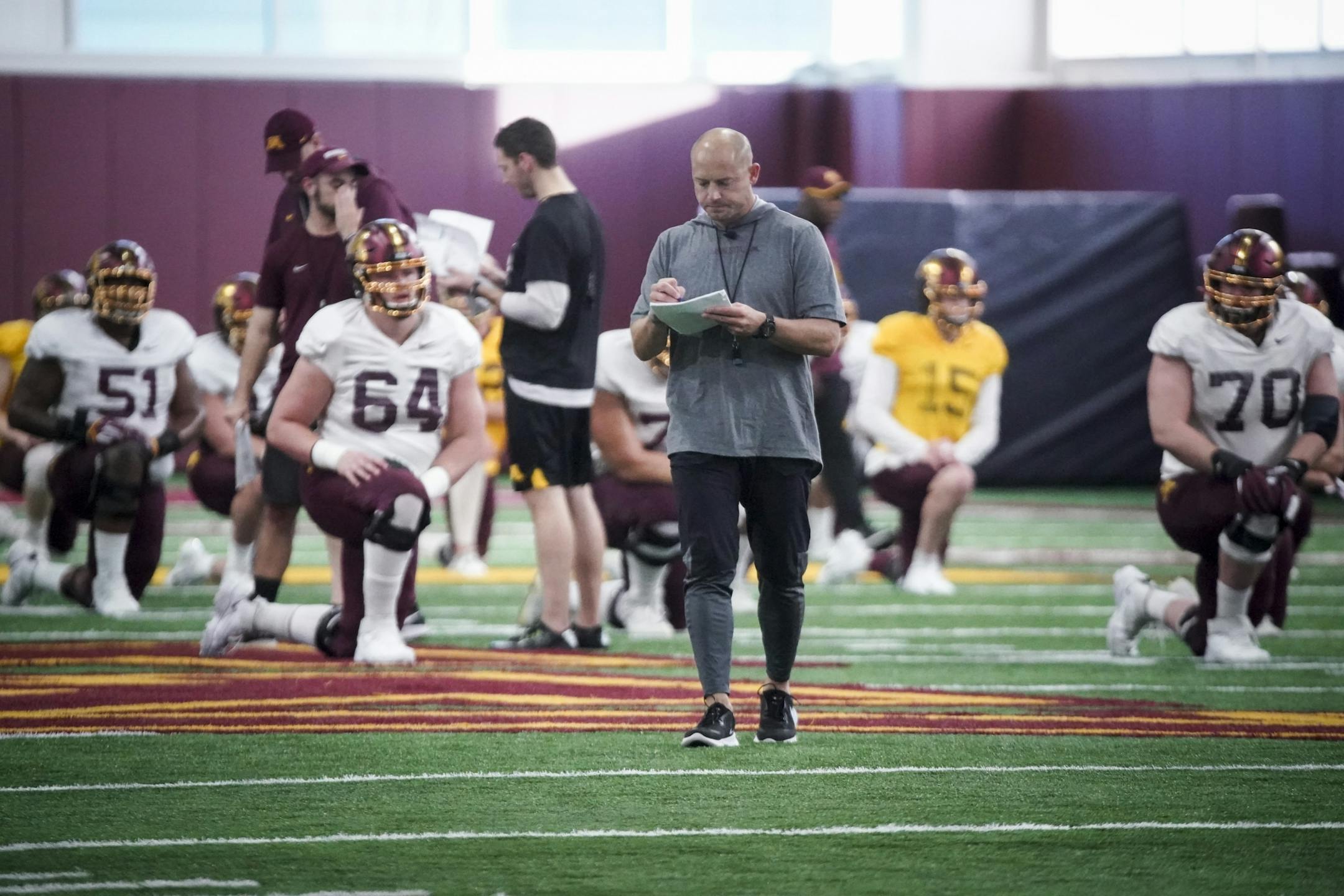 Head coach P.J. Fleck during the first open Gopher football practice at the University of Minnesota in Minneapolis, Minn., on Friday, March 6, 2020.