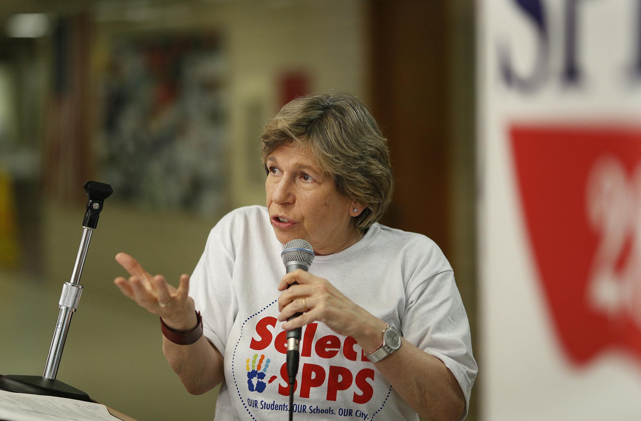 American Federation of Teachers President Randi Weingarten spoke during a news conference at Hamline Elementary School on Thursday in St. Paul. In an effort to address enrollment and budget woes, the St. Paul school district is joining forces with the local teacher's union to go door-knocking to sell the St. Paul public schools to families with school-age children.