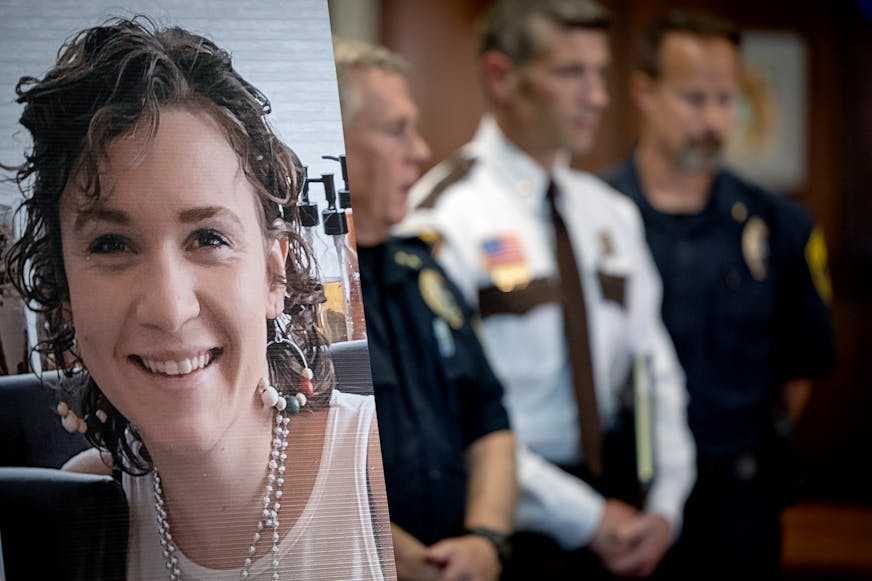 A photo of Madeline Kingsbury stood at the front of a room alongside law enforcement during a news conference at the Winona City Hall on Thursday.