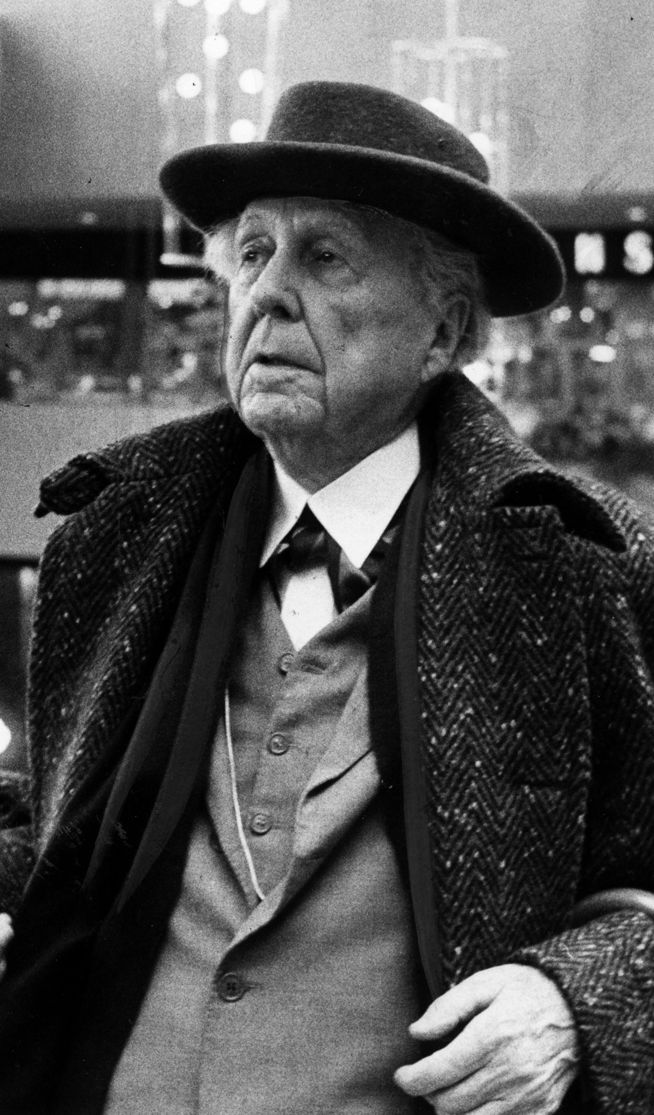 Credit: Paul Siegel, Minneapolis Tribune Date originally published: Nov. 28, 1956 Caption: Frank Lloyd Wright toured Minneapolis Tuesday and the city came out second best. Among the places he visited were Prudential Insurance Coo. Building, Southdale shopping center and the city‚Äôs lakes. On the lakes and weather, he commented: ‚ÄúMinneapolis is just too far north.‚Äù Photo shows him examining the interior of Southdale, which he criticized shar