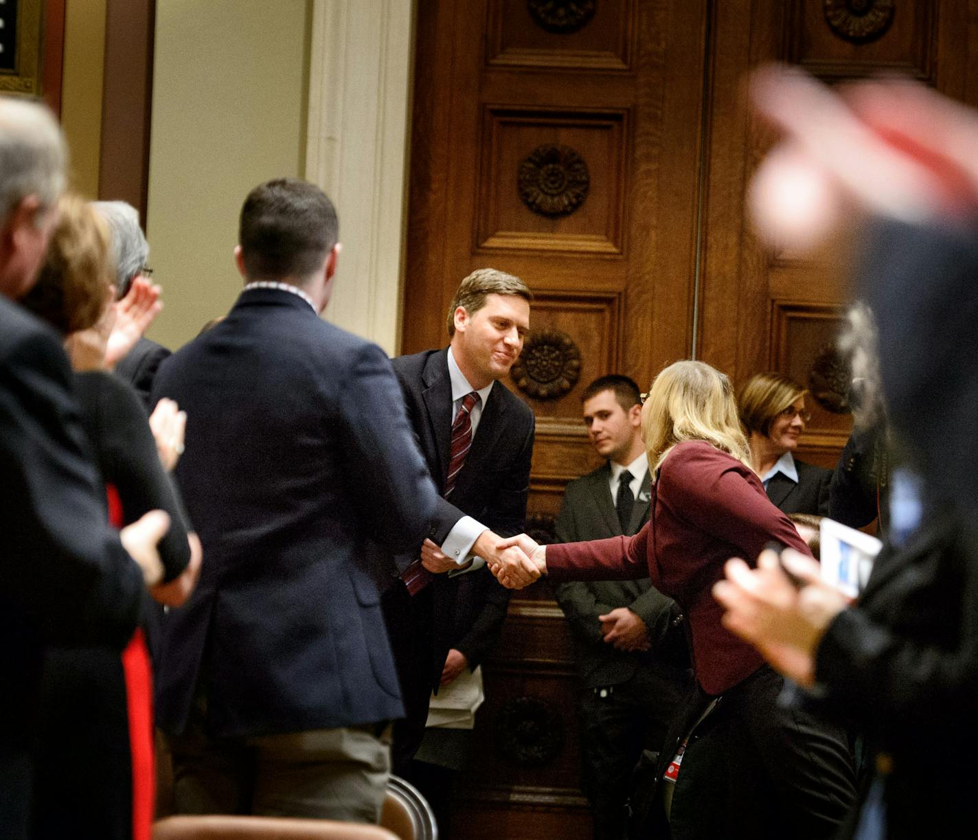 Rep. Kurt Daudt received applause and congratulations after being elected House Speaker. ] GLEN STUBBE * gstubbe@startribune.com Tuesday, January 6, 2015 The Minnesota House and Senate re-convene, with much ceremony, family and guests. In the House, Speaker Kurt Daudt will take the gavel back for the GOP.