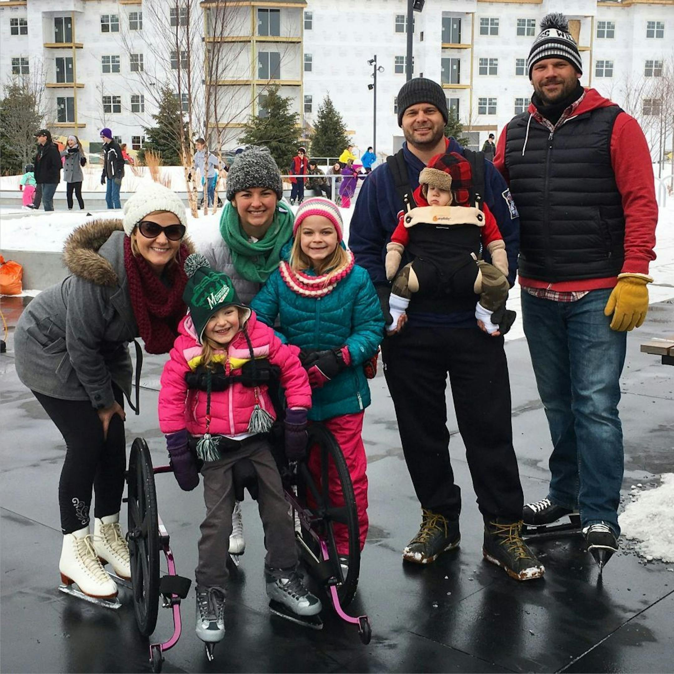 Lila, age 5, has cerebral palsy and was able to skate with her family recenty for the first time.