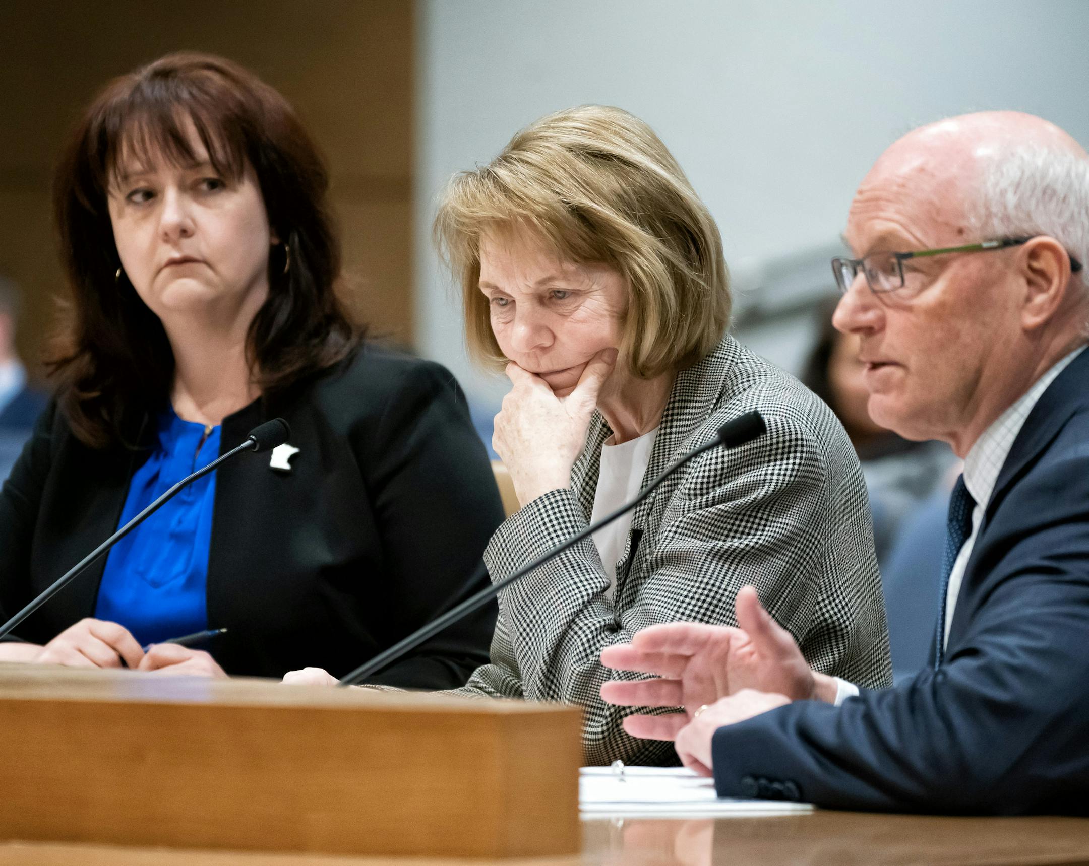 Senator Mary Kiffmeyer, R-Big Lake, listened as MMB Commissioner Myron Frans spoke about her Omnibus State Government Bill before the Senate Finance Committee. He objected to what he called arbitrary cuts and the arbitrary transfer of funds from necessary projects. On the left is State Auditor Julie Blaha. ] GLEN STUBBE • glen.stubbe@startribune.com Tuesday, April 23, 2019 The Minnesota Legislature came back into session today after the Easter/Passover break. With a month out until the en