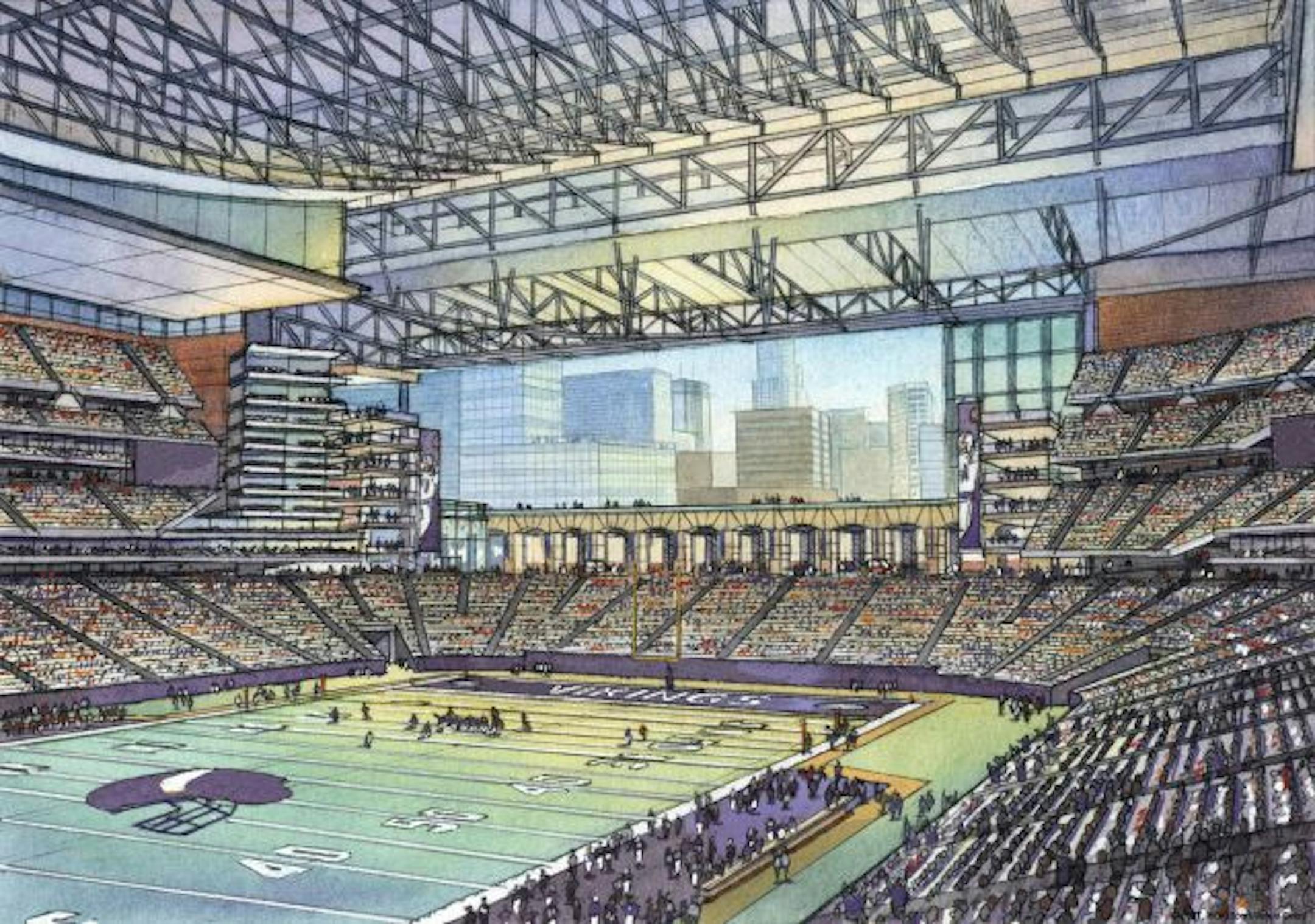 A artist rendering by HOK Sport released by the Metropolitan Sports Facilities Commission on April 19, 2007, shows an inside view of a proposed design for a new Minnesota Vikings football stadium in downtown Minneapolis.