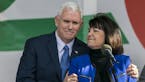 Vice President Mike Pence and his wife, Karen Pence, while speaking at the March for Life rally on the National Mall in Washington, Jan. 27, 2017. (Al