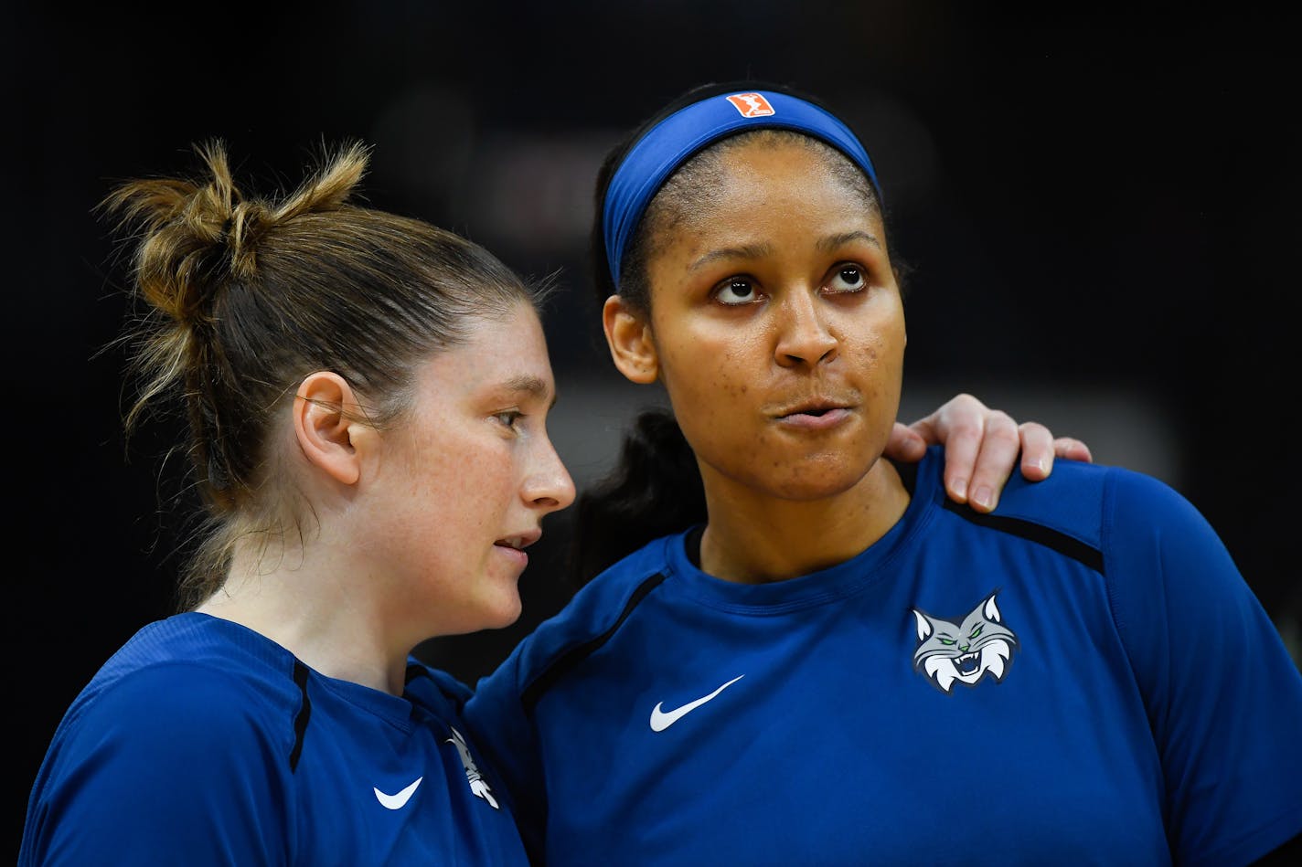 Minnesota Lynx guard Lindsay Whalen, left, talks with forward Maya Moore before a game earlier this week. Minnesota lost Saturday night in Chicago.