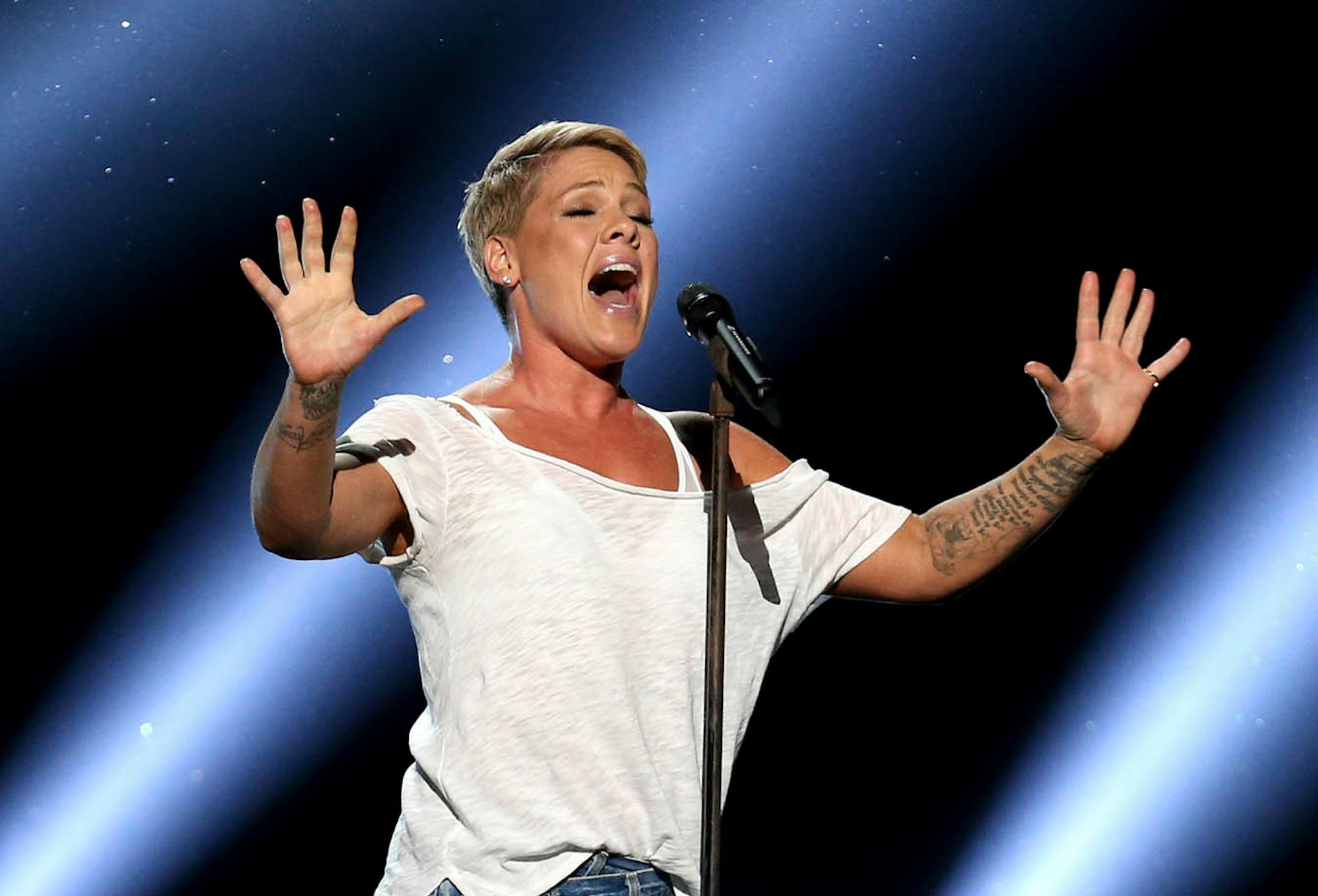 Pink performs at the 60th annual Grammy Awards on Sunday, Jan. 28, 2018, in New York. She'll appear Friday night at the Armory in Minneapolis.