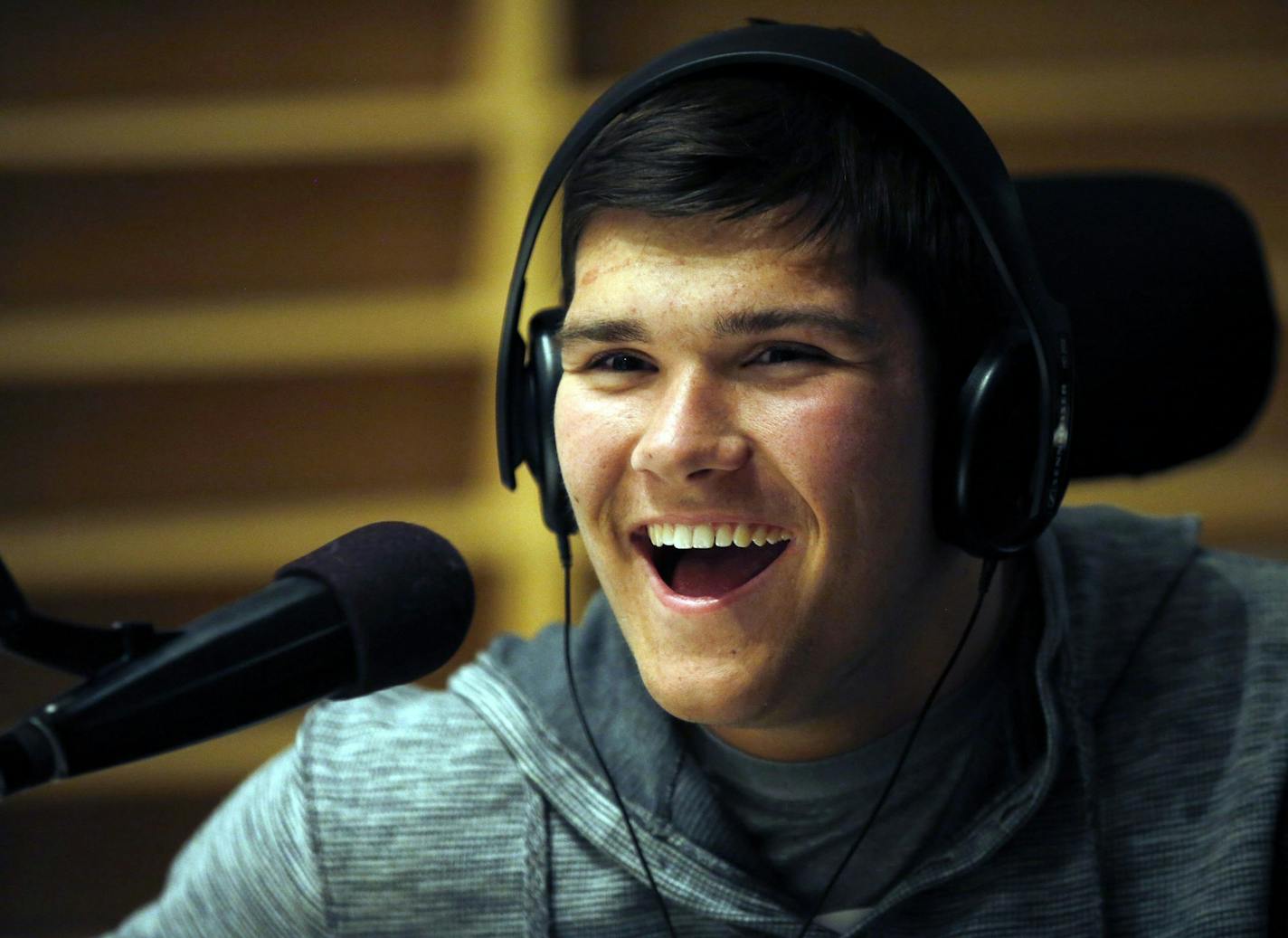 Jack Jablonski broadcasts his hockey-themed radio show in Minneapolis on May 14, 2014. Jablonski was a hockey player until a little more than two years ago when an accident at the rink paralyzed him. (Carlos Gonzalez/Minneapolis Star Tribune/MCT) ORG XMIT: 1153400