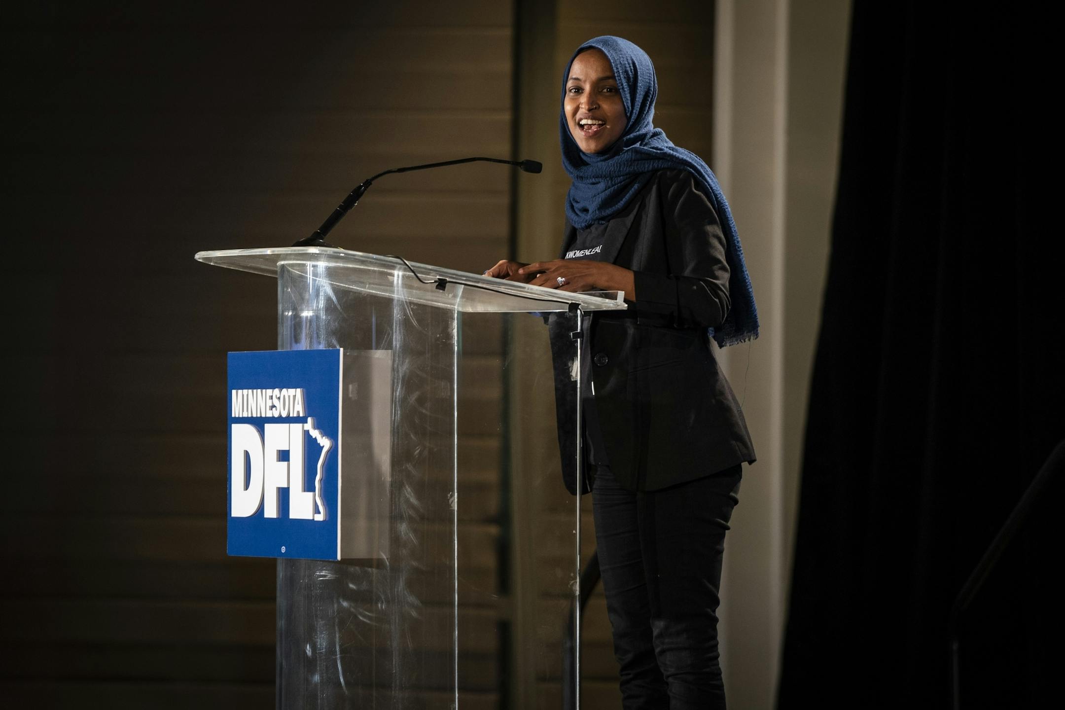 U.S. Rep. Ilhan Omar (D-Minn.) spoke during the DFL Election Night Watch Party.