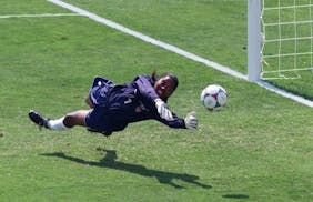 July 10, 1999: Briana Scurry blocked a penalty shootout kick by China’s Ying Liu during the Women’s World Cup Final at the Rose Bowl.