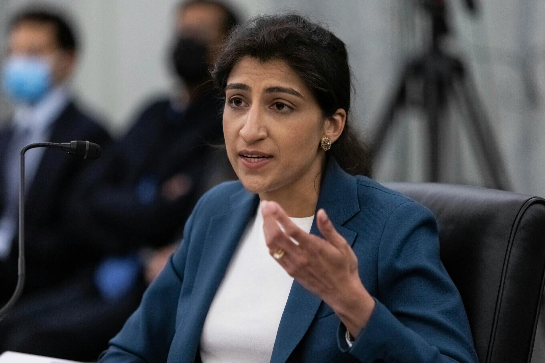File - Lina Khan, then a nominee for Commissioner of the Federal Trade Commission (FTC), speaks during a hearing, April 21, 2021 in Washington. The FTC, now chaired by Khan, is proposing sweeping changes to a decades-old law that regulates how online companies can track and advertise to children. (Graeme Jennings/Pool via AP, File)
