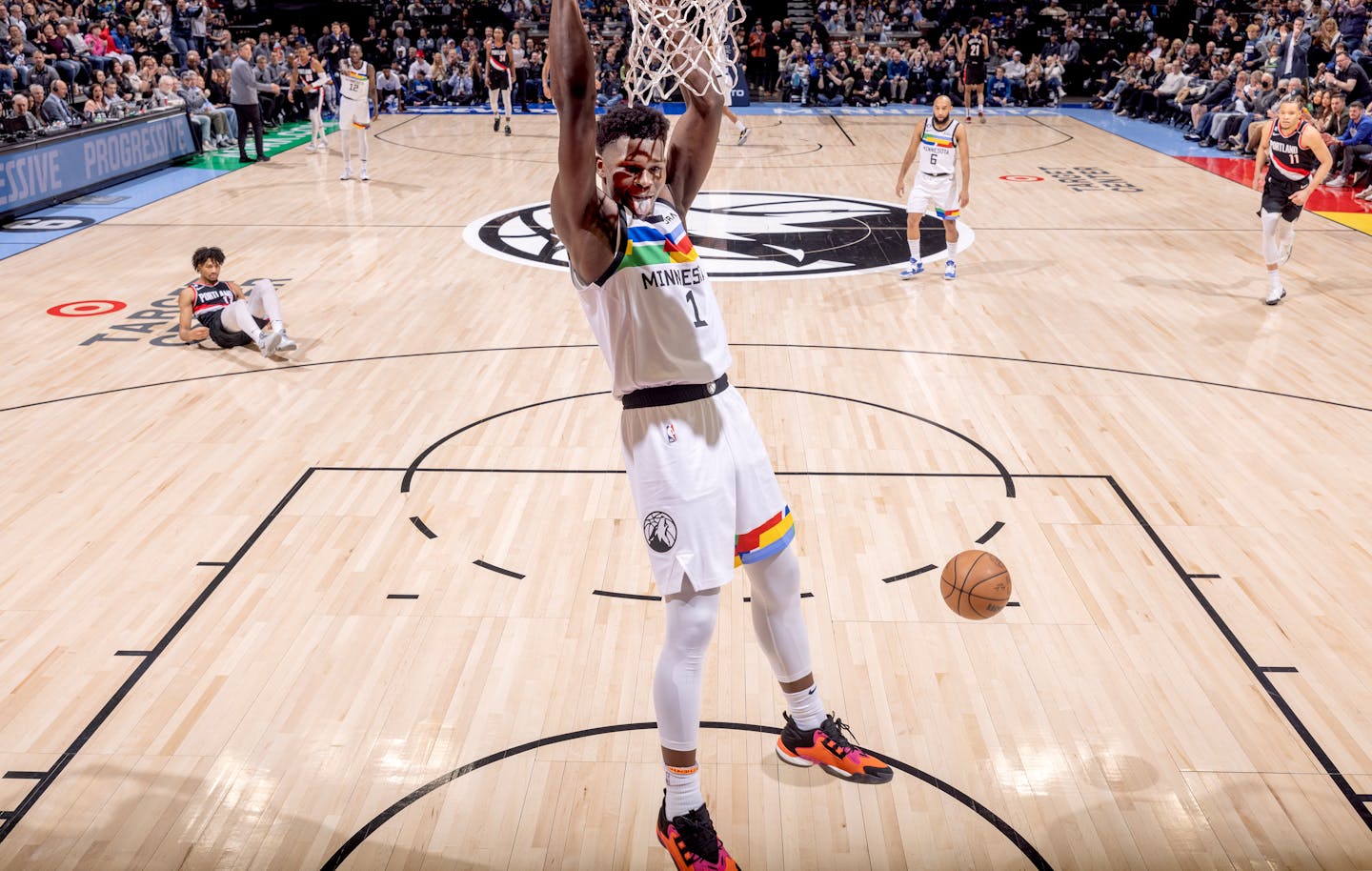 Anthony Edwards (1) of the Minnesota Timberwolves dunks the ball in the second half Sunday, March 2, 2023, at Target Center in Minneapolis, Minn. ] CARLOS GONZALEZ • carlos.gonzalez@startribune.com.