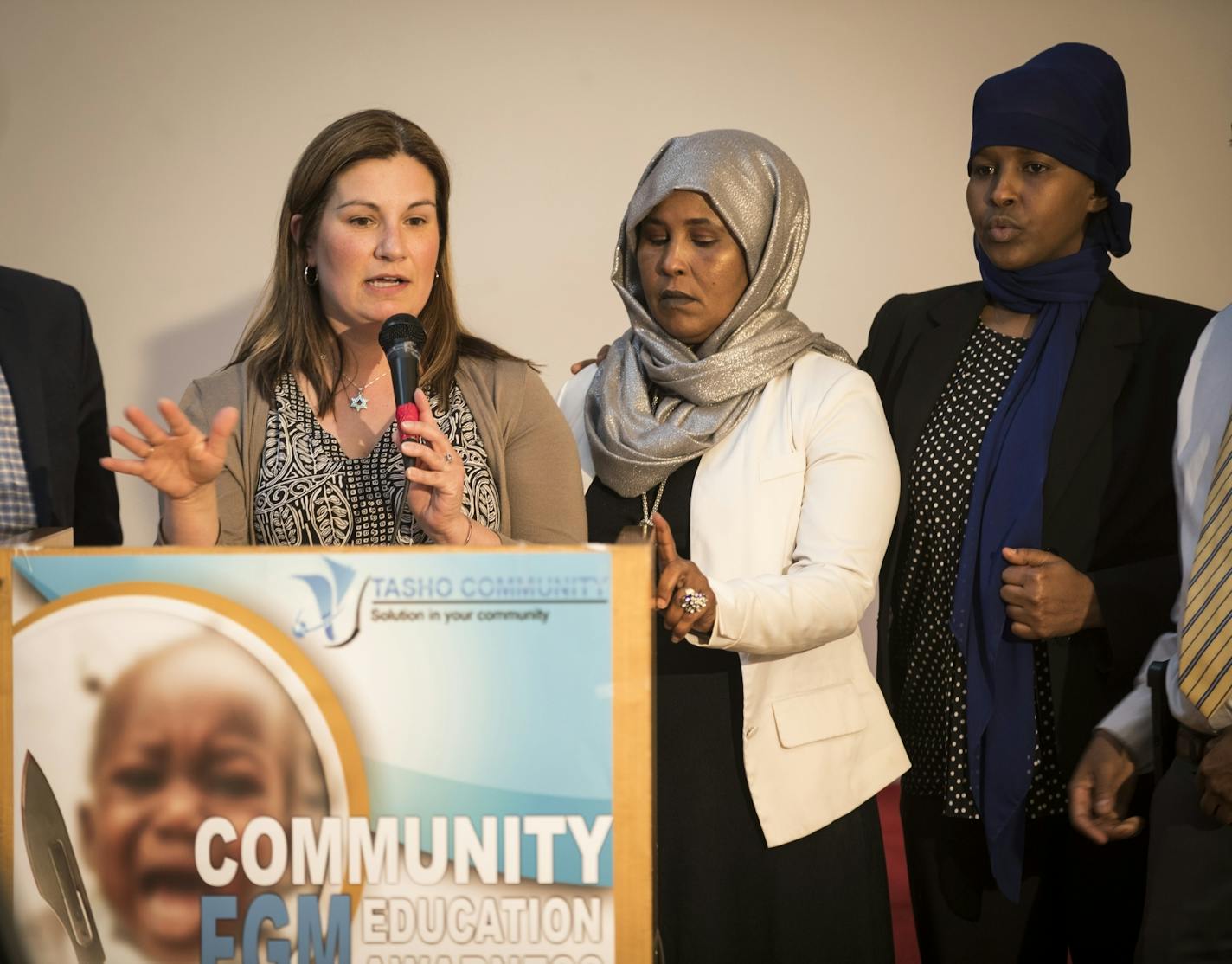 Rep. Mary Franson spoke during a community FGM (female genital mutilation) eduction awareness meeting in Minneapolis, Minn., on Thursday, May 18, 2017. To her right are FGM survivors Fadumo Abdinur (AKA Anab in silver scarf) and Farhio Khalif.