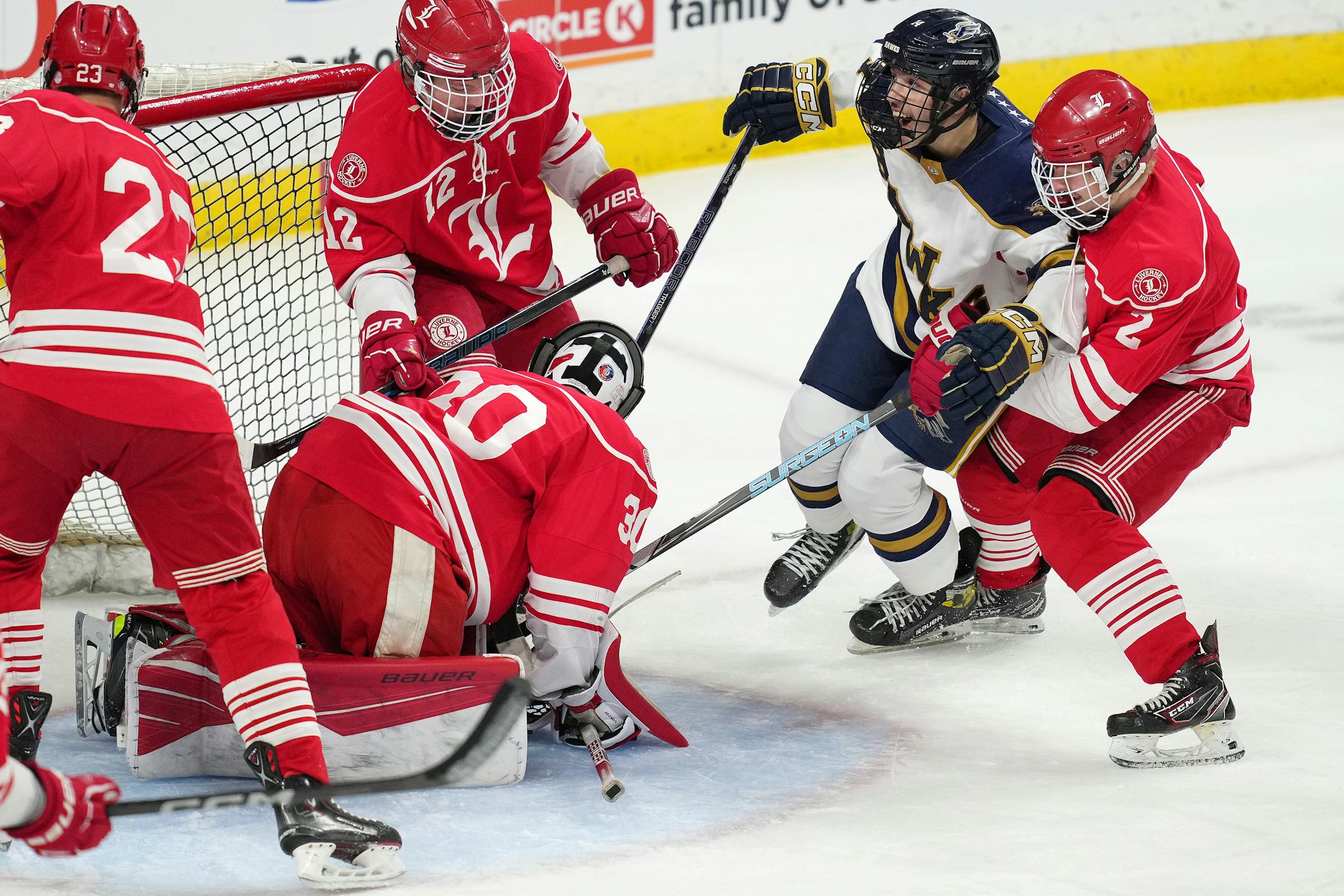 Hermantown forward Aaron Evjen (14) celebrates after scoring on Luverne goaltender Tyler Arends (30) in the first period of a MSHSL Class 1A quarterfinal hockey game between Luverne and Hermantown.