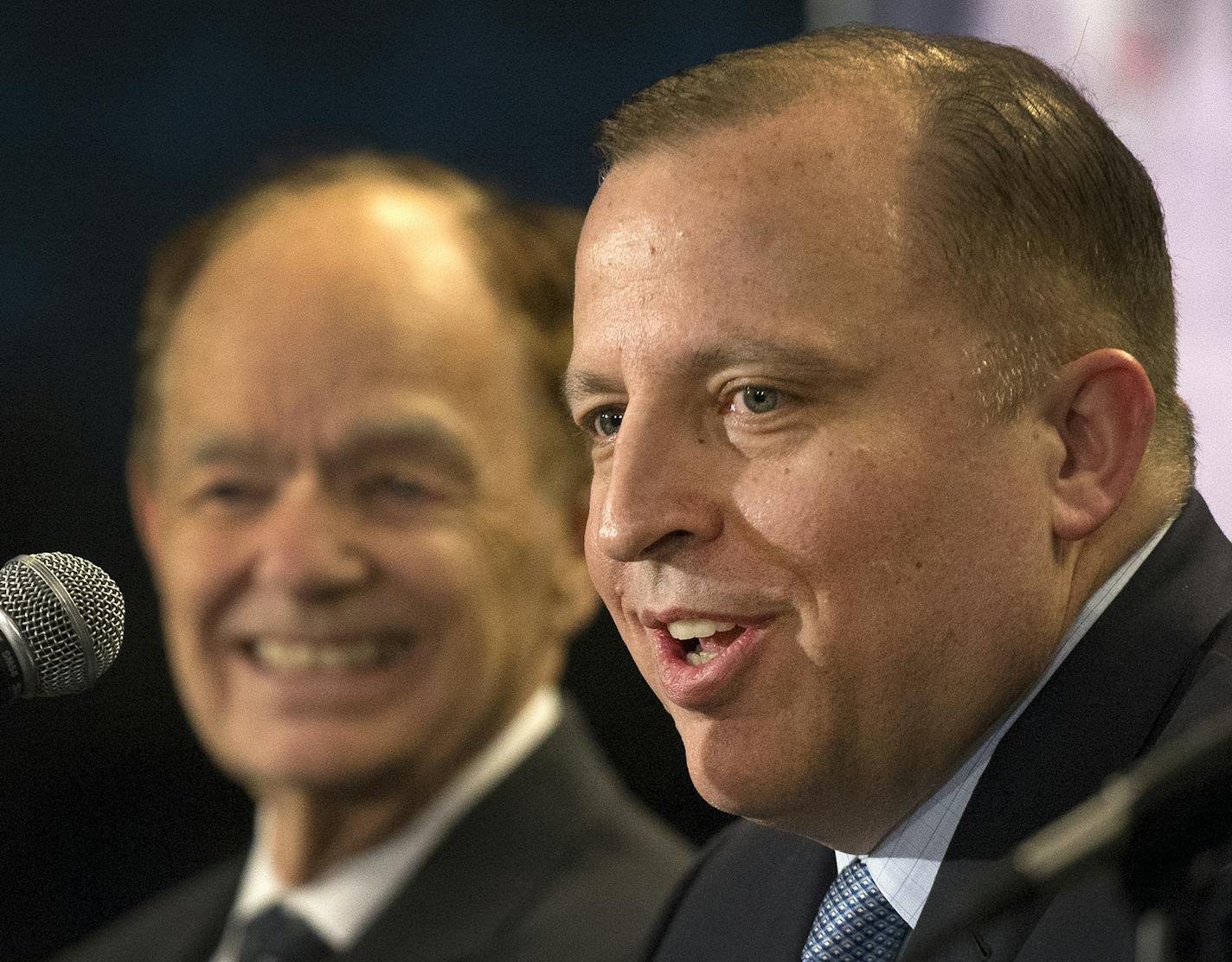 Minnesota Timberwolves new President of Basketball Operations and Head Coach Tom Thibodeau during a press conference at Target Center. ] CARLOS GONZALEZ cgonzalez@startribune.com - April 26, 2016, Minneapolis, MN, Target Center, NBA, Minnesota Timberwolves Press conference to announce Tom Thibodeau as coach General Manager Scott Layden President of Basketball Operations and Head Coach Tom Thibodeau Timberwolves Owner Glen Taylor