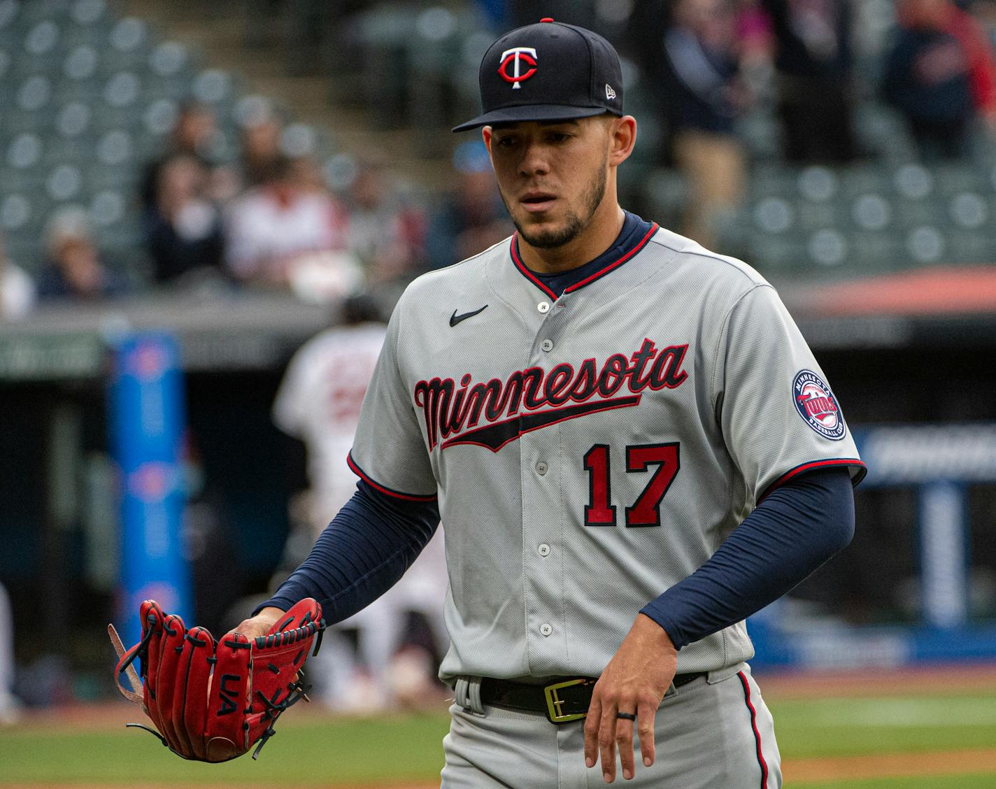 Minnesota Twins starting pitcher Jose Berrios leaves the the mound during the sixth inning of a baseball game in Cleveland, Monday, April 26, 2021. (AP Photo/Phil Long)