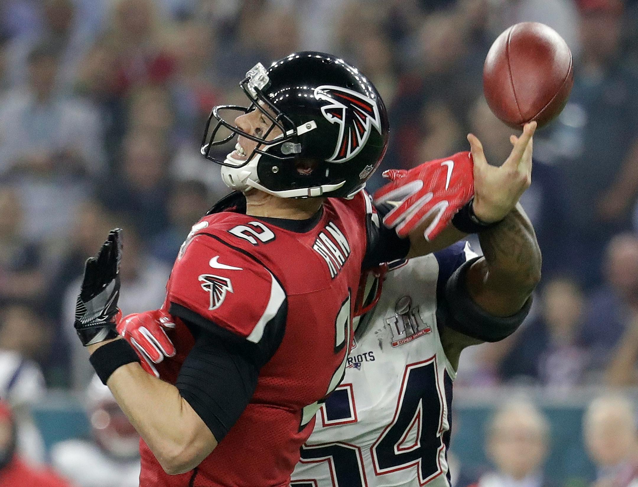 Atlanta Falcons' Matt Ryan fumbles as he is hit by New England Patriots' Dont'a Hightower during the second half of the NFL Super Bowl 51 football game Sunday, Feb. 5, 2017, in Houston. (AP Photo/Eric Gay)