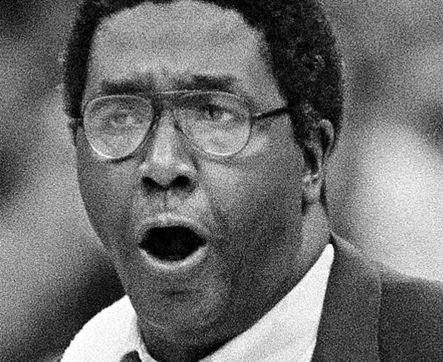 Georgetown coach John Thompson expresses his feelings to an official's call during NCAA finals action against North Carolina, March 29, 1982, in New Orleans. (AP Photo) ORG XMIT: APHS86391