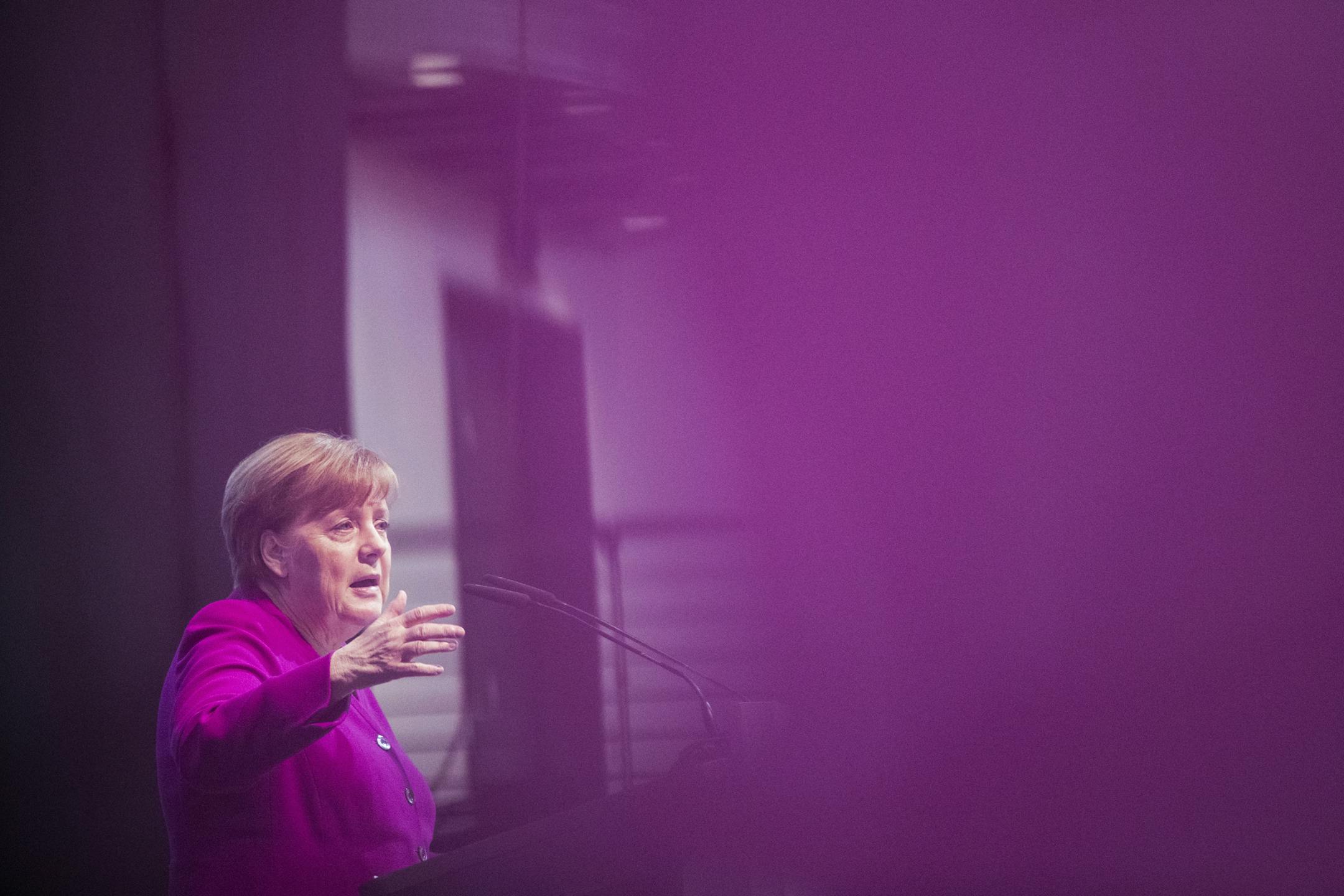 German Chancellor Angela Merkel speaks at the German Catholic Convention in Muenster, Germany, May 11, 2018. (Marcel Kusch/dpa via AP)