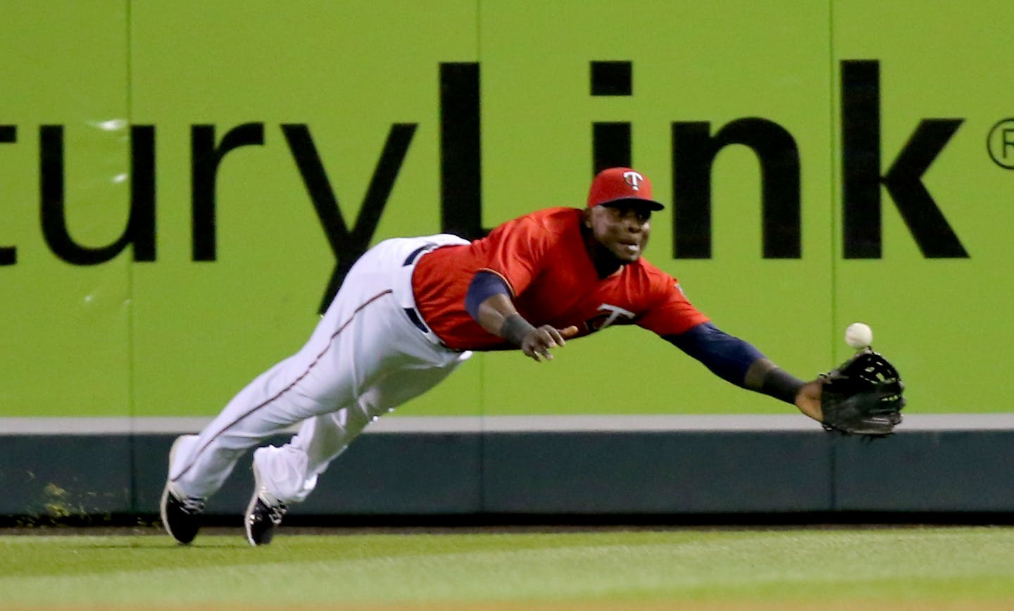 Minnesota Twins right fielder Miguel Sano makes a diving catch on a line drive hit by the Detroit Tigers Miguel Cabrera during the 7th inning. Detroit defeated the Minnesota Twins 9-2 Friday, April, 29, 2016, at Target Field in Minneapolis, MN.