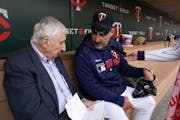 Minnesota Twins bench coach Derek Shelton talked with Sid Hartman during workouts Wednesday.
