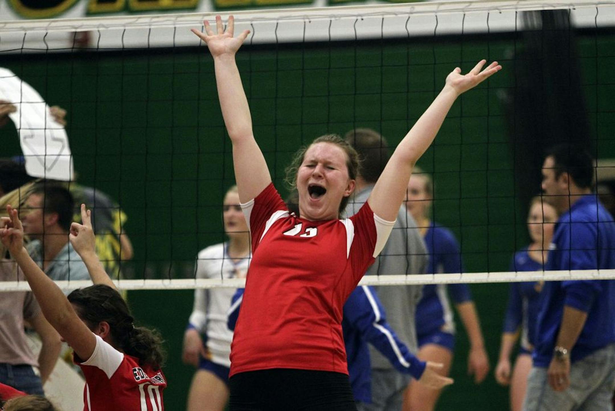 Kirsten Peterson celebrated after she and her Eden Prairie teammates won their section championship volleyball match against Wayzata on Nov. 3.
