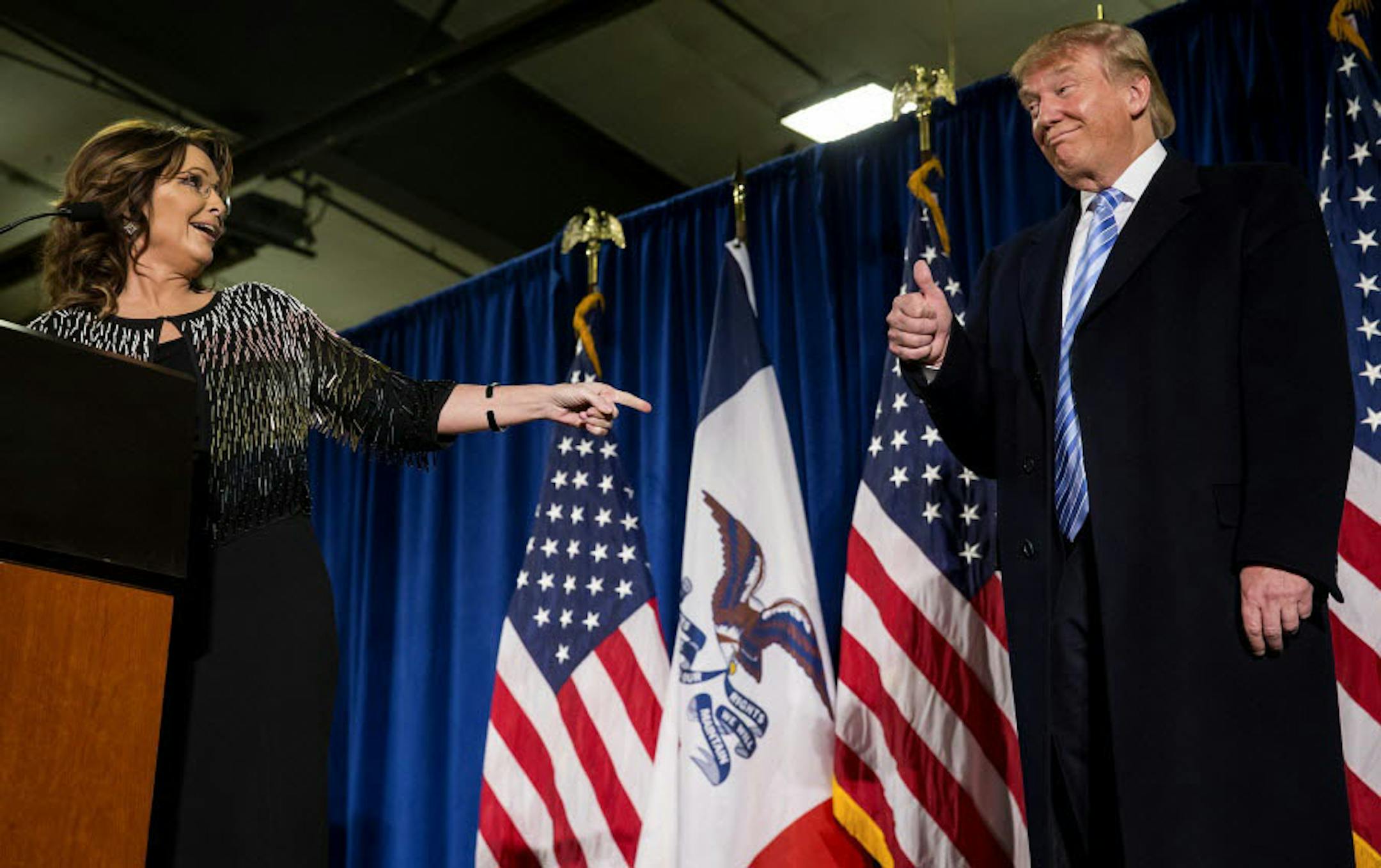 Former Alaska Gov. Sarah Palin and Republican presidential hopeful Donald Trump at a campaign event in Ames, Iowa, Jan. 19, 2016. Palin endorsed Trump's campaign on Tuesday, providing him with a potentially significant boost just 13 days before the state's caucuses.
