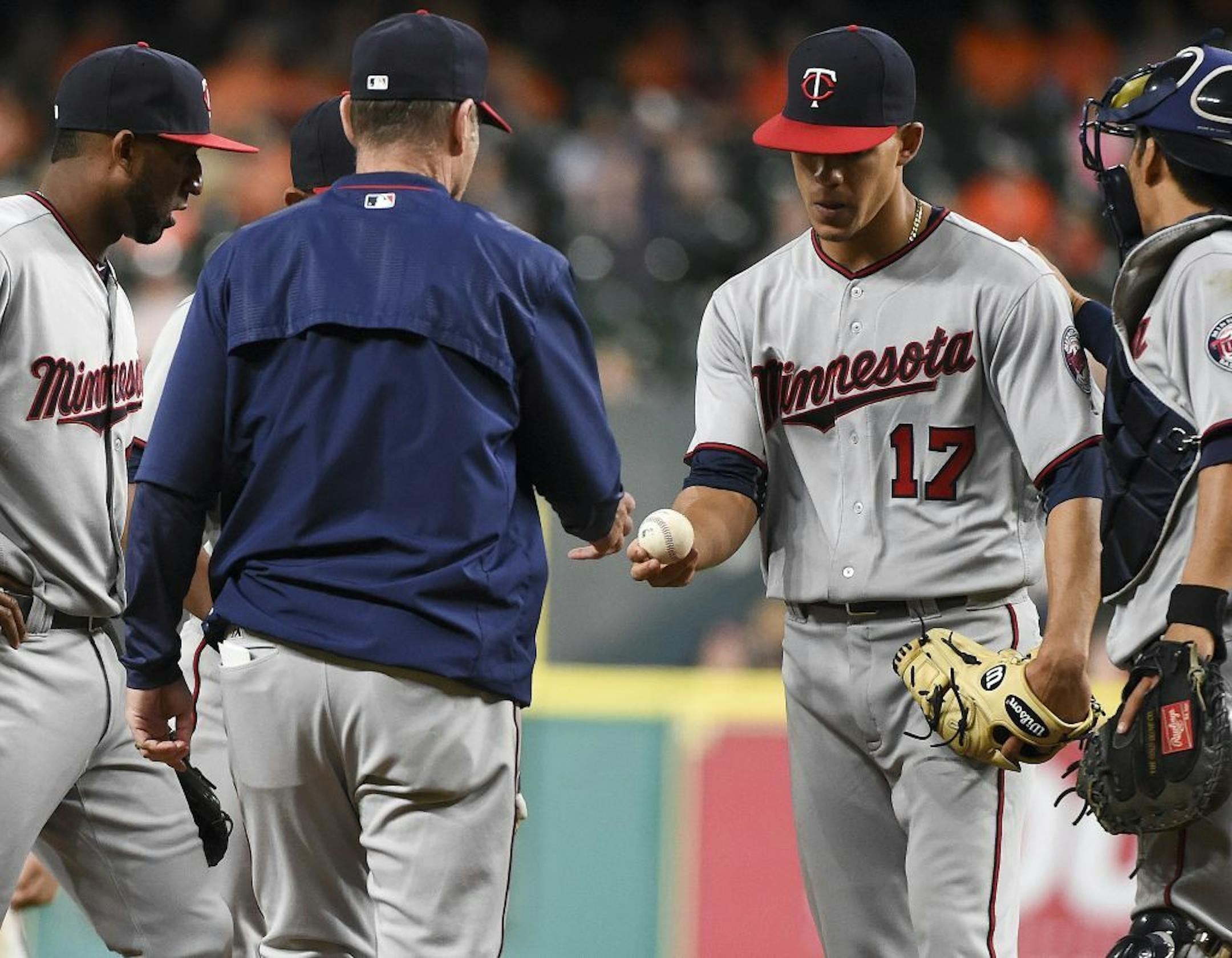 Minnesota Twins pitcher Jose Berrios (17) struck out eight and gave up three hits in 5 1/3 innings to earn his first major league victory.