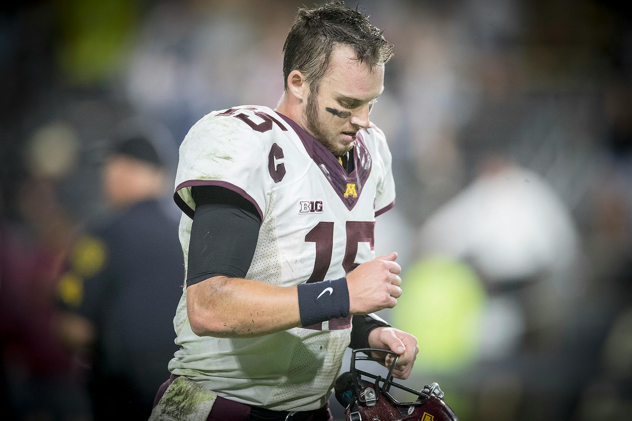 Minnesota quarterback Conor Rhoda ran off the field after Purdue clinched a 31-17 win over the Gophers at Ross-Ade Stadium