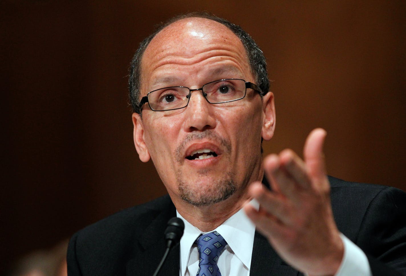 FILE - In this April 18, 2013, file photo, Thomas Perez testifies on Capitol Hill in Washington, Thursday, April 18, 2013, before the Senate Health, Education, Labor and Pensions Committee hearing on his nomination as Labor Secretary.