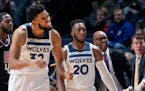 Wolves center Karl Anthony-Towns (left, with Wolves guard Josh Okogie) reacted after a shot in the third quarter against the Clippers at Target Center