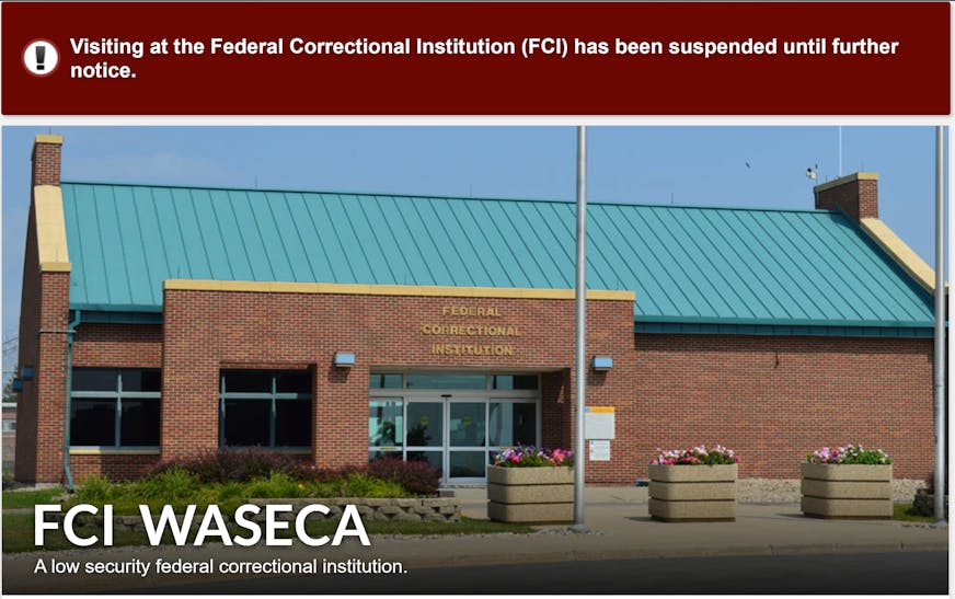 Screenshot of a federal prison in Waseca, Minn., which as of Sept. 18, 2024 said that visiting has been suspended.