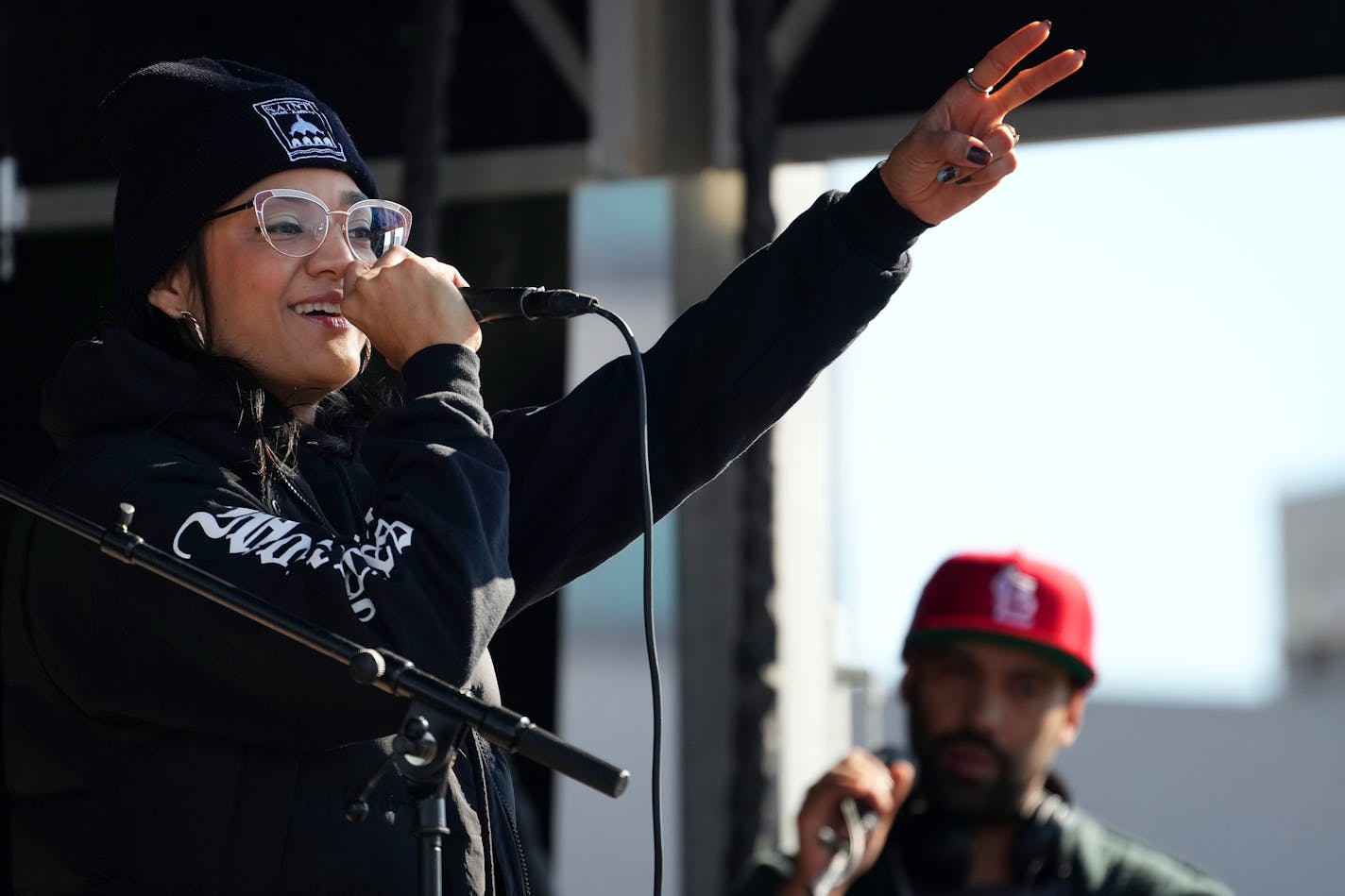 Maria Isa Pérez-Hedges, who is running for the Minnesota House of Representatives District 65B in Saint Paul, sings as she performs during the Rise for Roe event to rally voters for the DFL Saturday, Oct. 29, 2022 in the Sears parking lot in St. Paul, Minn. ] ANTHONY SOUFFLE • anthony.souffle@startribune.com