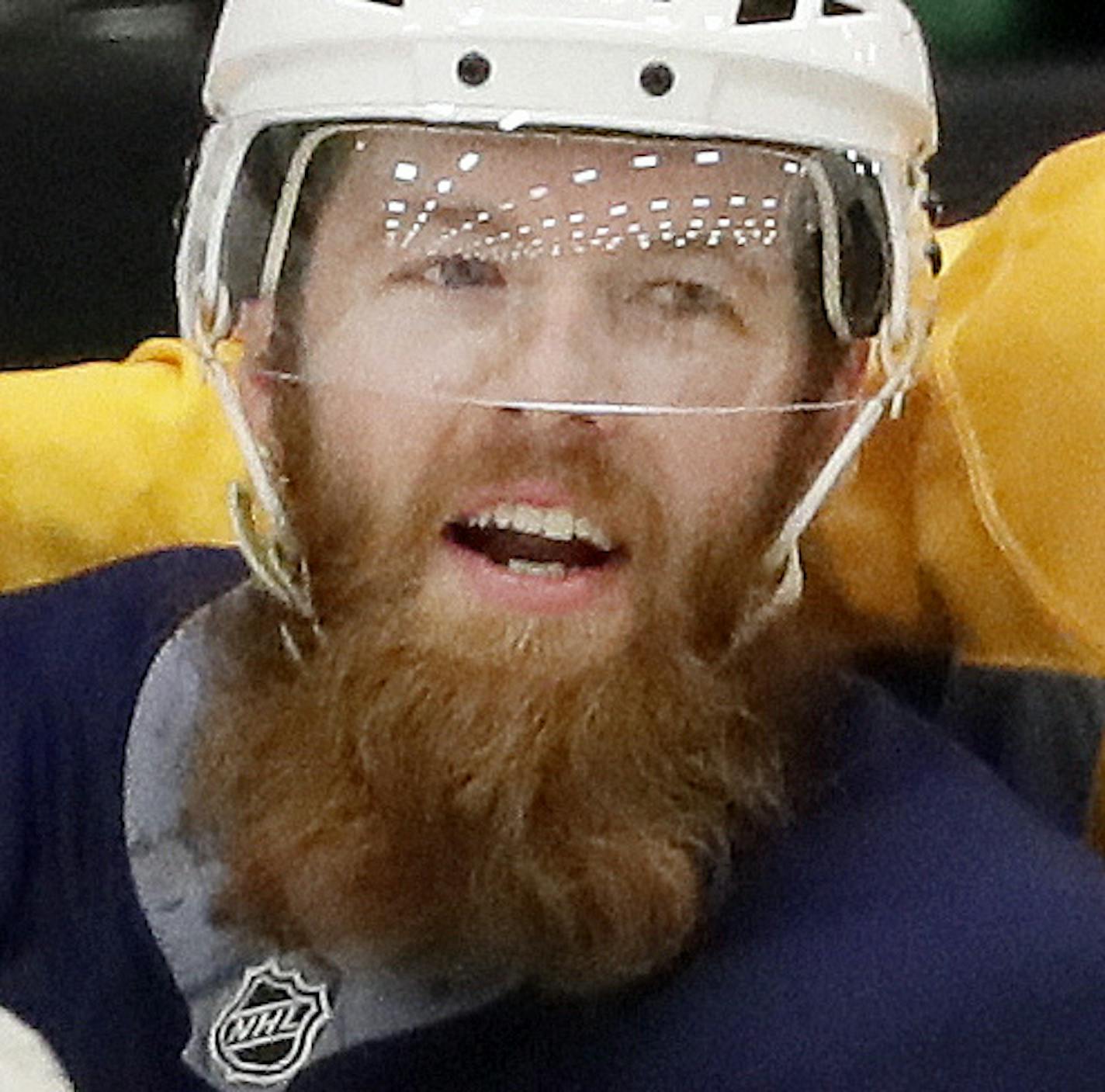 Nashville Predators defensemen P K Subban, right, and Ryan Ellis joke during practice at their NHL hockey facility Thursday, May 25, 2017, in Nashville, Tenn. (AP Photo/Mark Humphrey)