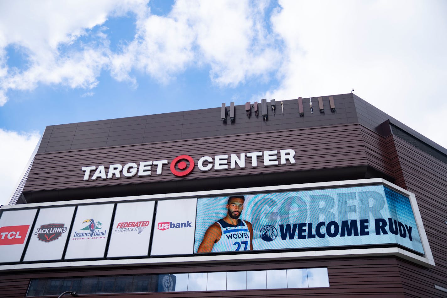 Signage welcoming new Minnesota Timberwolves center Rudy Gobert are on display Wednesday, July 6, 2022 at Target Center in Minneapolis. ]