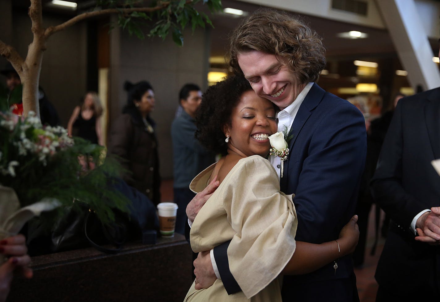 Julie and Pat Dalton embraced at the conclusion of their wedding ceremony Friday at the Hennepin County Government Center.