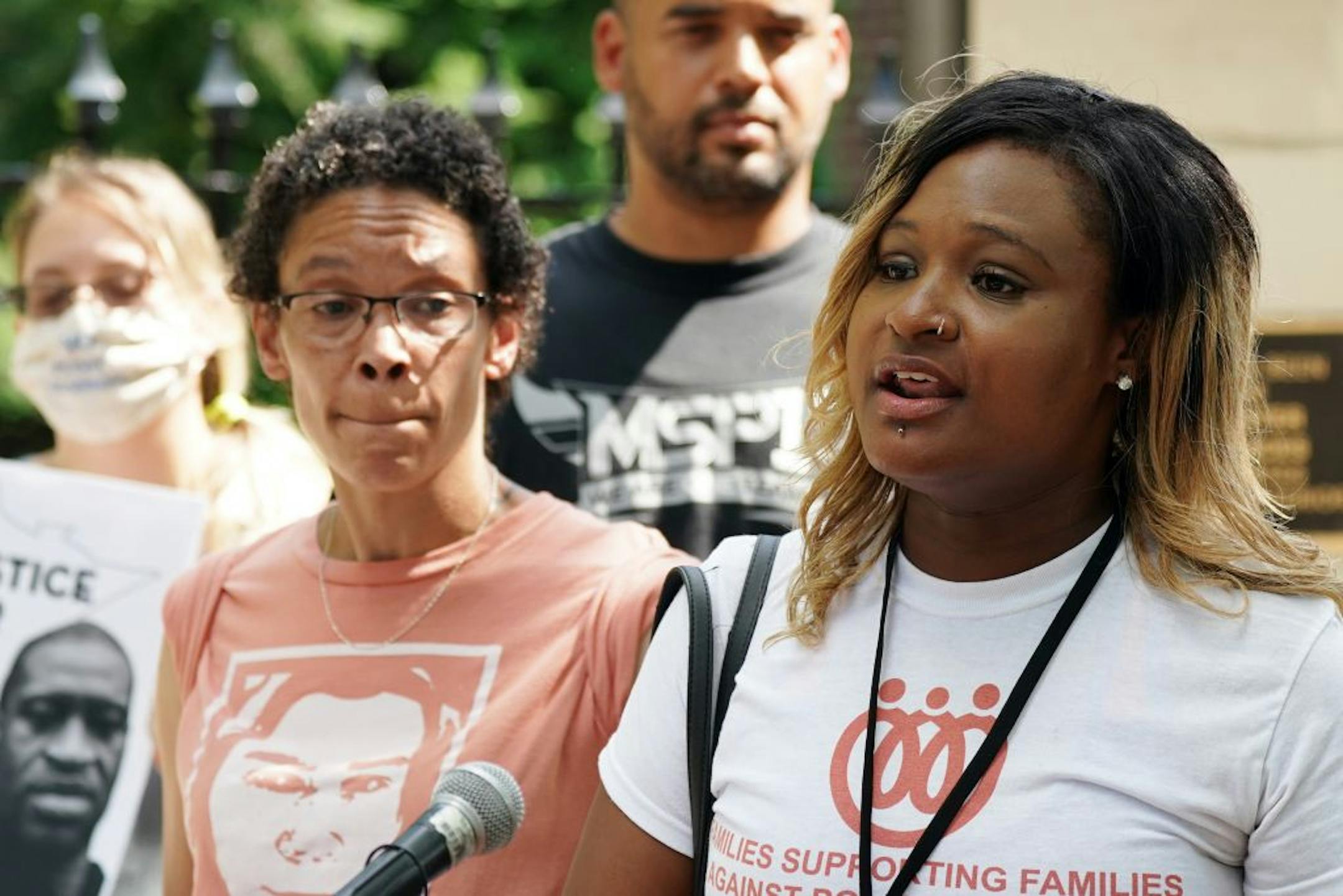 Toshira Garraway, whose partner Justin Teigen was killed by police in 2009, spoke during a press conference to denounce the reforms to the state's criminal justice system passed by the legislature Tuesday outside the Governor's Residence. The groups say the legislation is watered down and doesn't go far enough to address police accountability.
